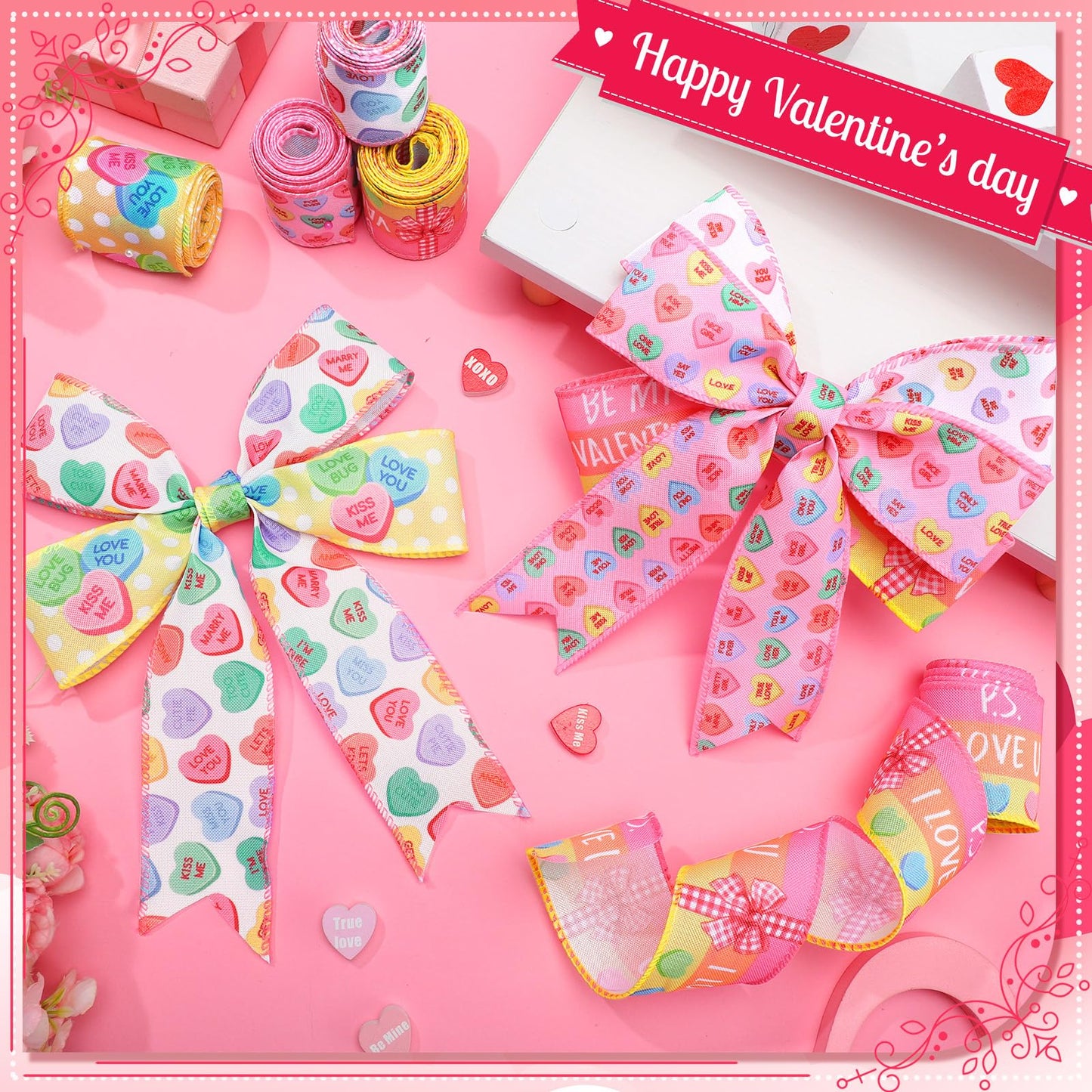 6 Rolls 30 Yards Valentine's Day Ribbons Conversation Heart Wired Wrapping Crafts Valentine Edge Ribbon Wreath Decorations for Gift Wrap DIY Crafts Wedding Birthday Party Decoration