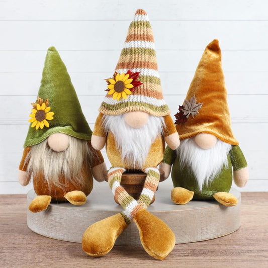 Thanksgiving Decor, 3PCS Harvest Gnomes Plush for Tiered Tray Decor, Thanksgiving Decorations for Home, Fall Leaves and Dangle Legs Gnomes for Home Decorations