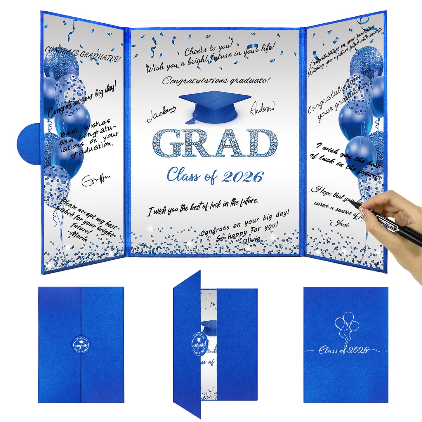 DARUNAXY Blue Silver Graduation Party Decorations, Blue Class of 2026 Congratulations Graduates Alternative Signature Guest Book for Men Happy Graduation Gifts Congrats Grad Party Signing Card Board