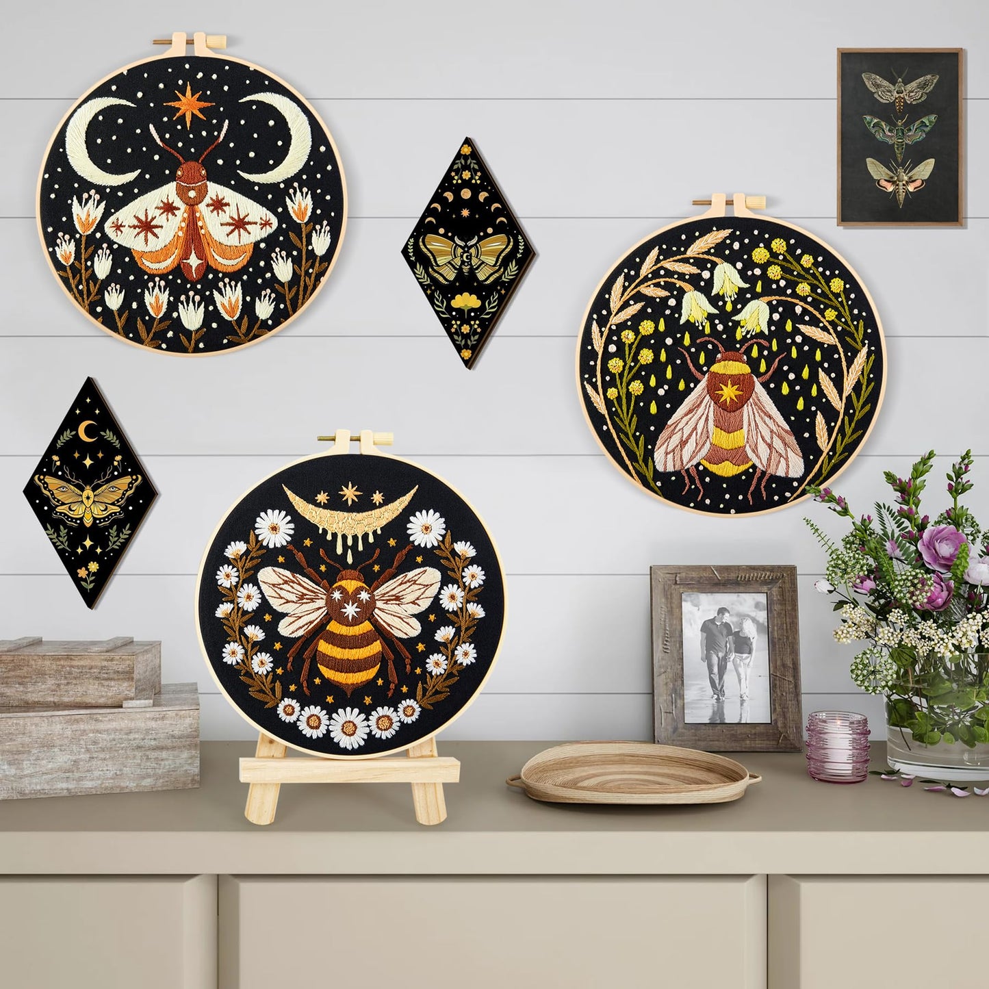 Hand Embroidery Starter Kits for Beginners Adults, Counted Stamped Cross Stitch Kit for Beginners Adults, Embroidery Needlepoint Kit with Moth Flower Pattern, 3 Hoops (Attached Teaching Video QR Code)