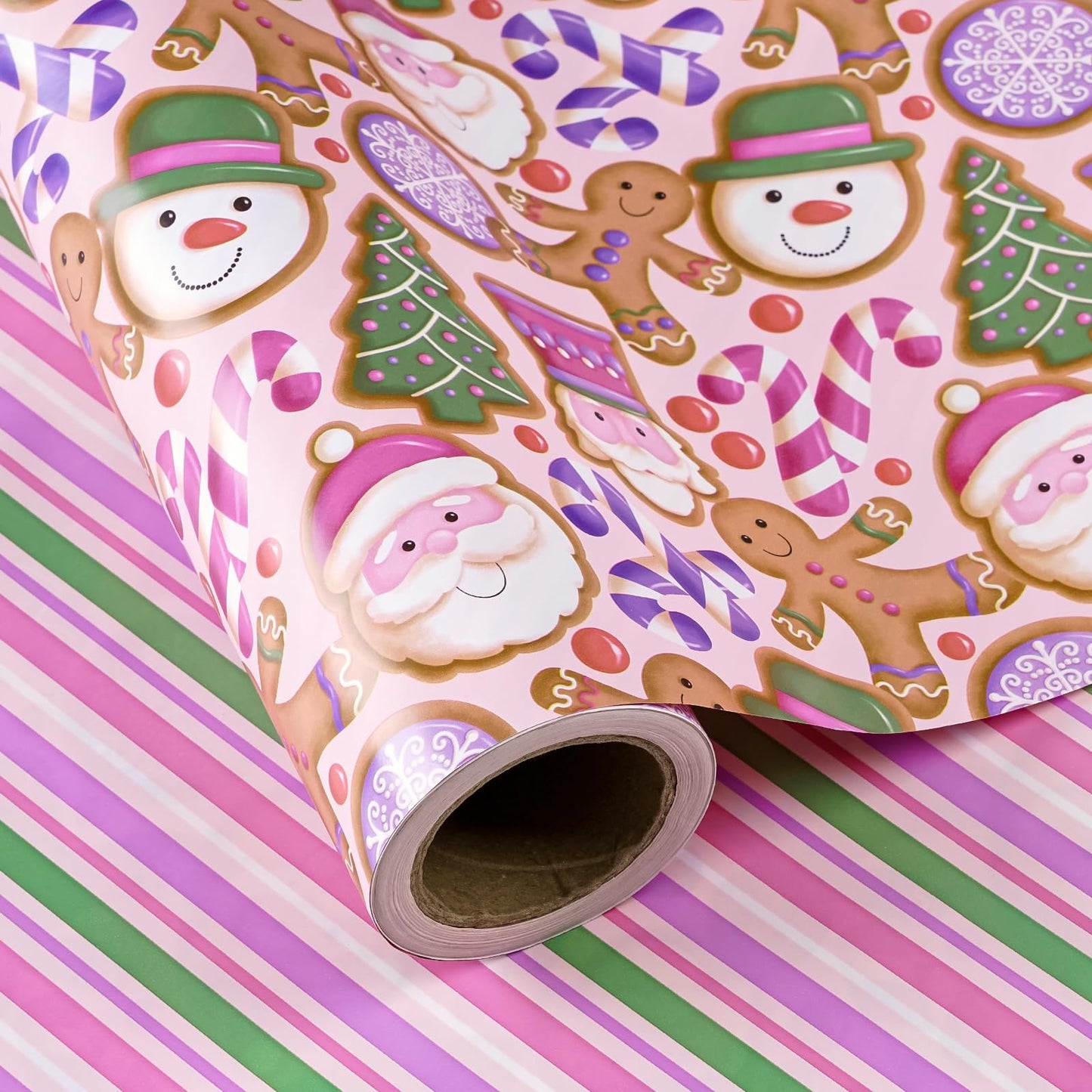 Reversible Gingerbread Christmas Wrapping Paper - Mini Roll - 17 Inch x 33 Feet - Pink Purple Stripes and Gingerbread Wrapping Paper for Xmas Holiday, Party Celebration