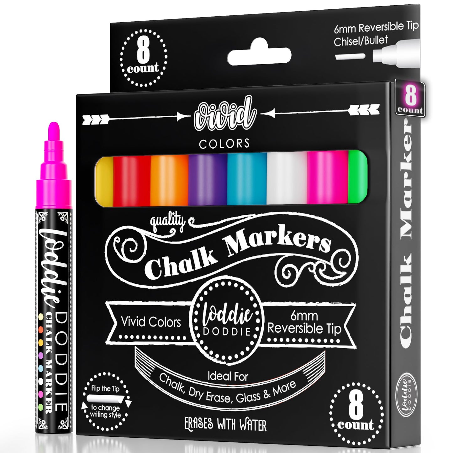 Loddie Doddie Liquid Chalk Markers - 8-Pack, 6mm Dual Tips - Chalk Markers for Blackboard & Chalkboard Paint - Washable Window Pens for Glass - Erasable Pens