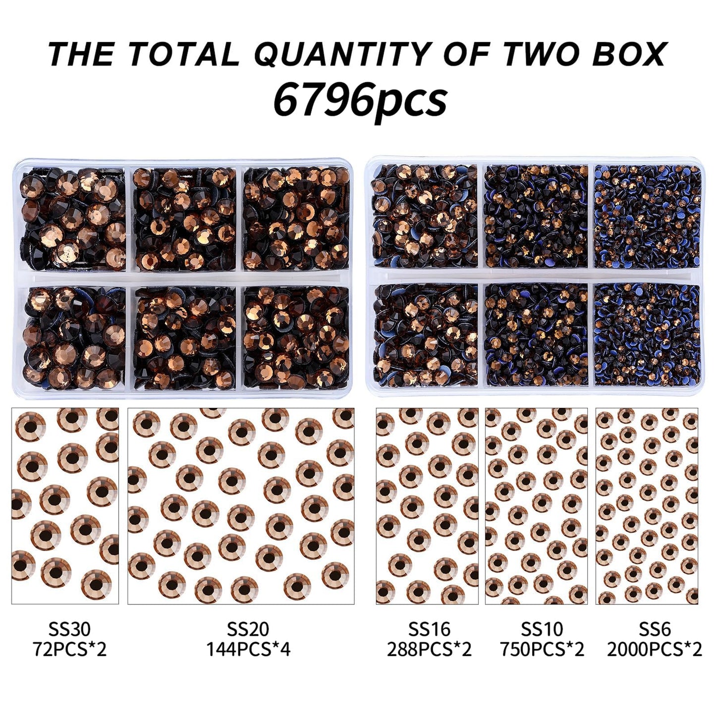 MEIBITE 6796PCS Smoked Topaz Hotfix Rhinestones Crystal Stones Glass for Fabric Clothes Shirts Sparkly Flat Back Round with Tweezers and Picking Pen (SS6~SS30 Set)