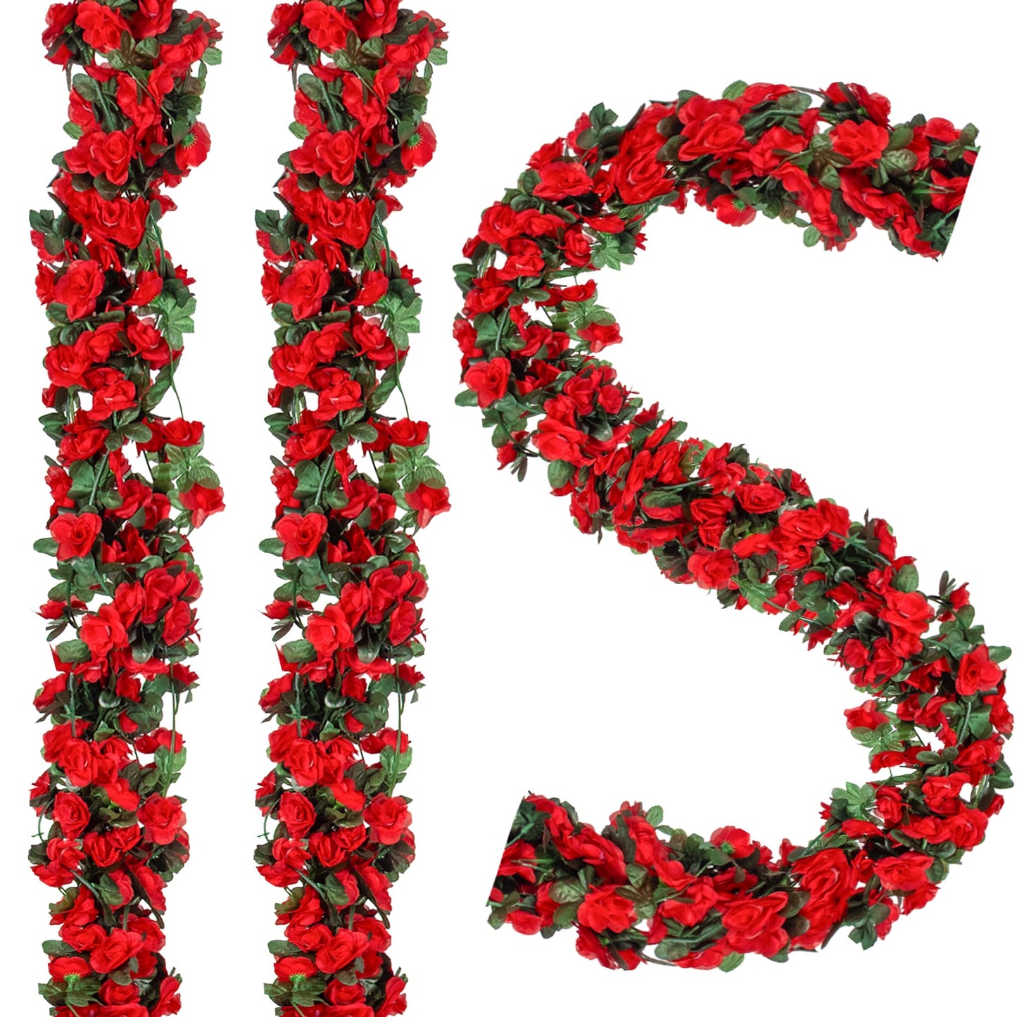 BSMYBO 5Pcs 41FT Artificial Red Flower Garland, Fake Hanging Flower Vines Wine Red Rose with Green Leaves, Faux Silk Flower for Backdrop Decoration Tea Party Wedding Birthday Anniversary Bedroom