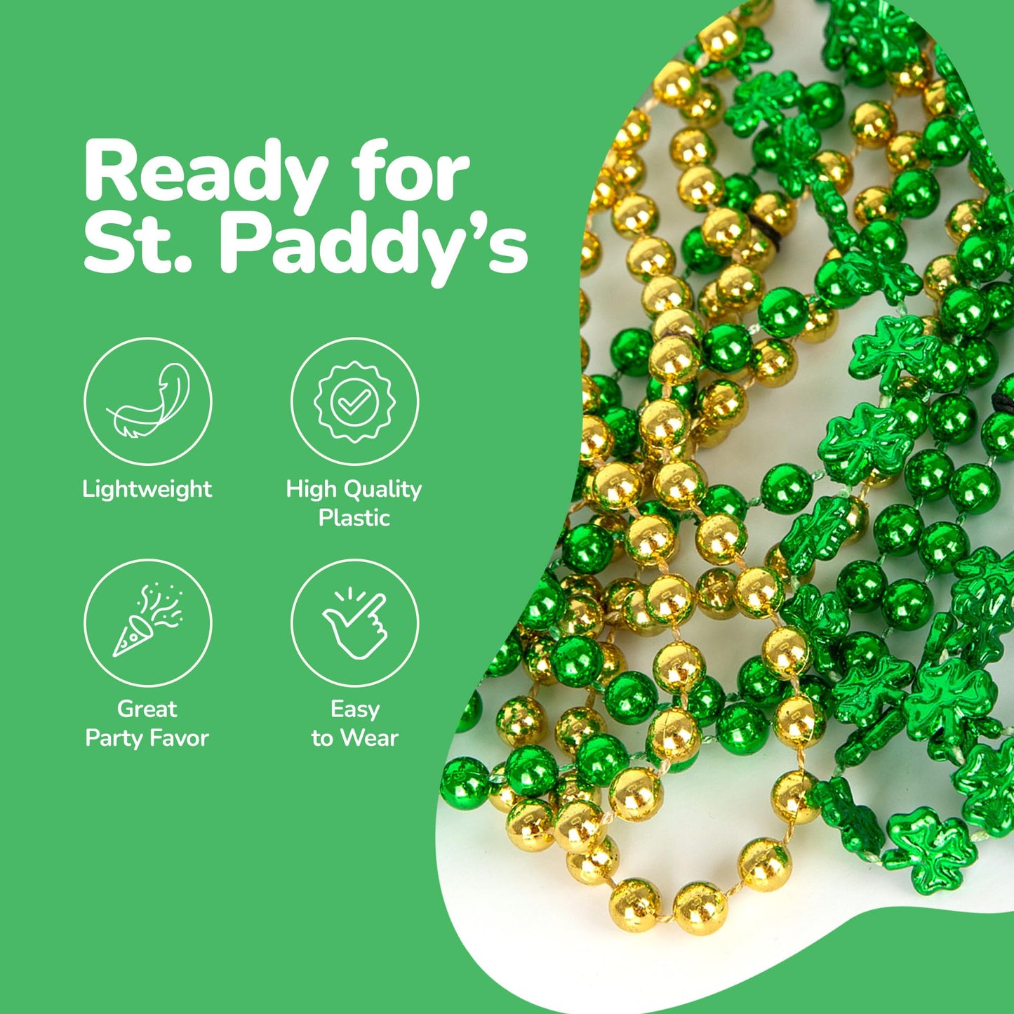 St Patrick’s Day Beads Necklaces - Set of 12 33' Necklaces - St Patricks Day Accessories - Shamrock Green Day Beaded Necklace for Mardi Gras Decor, Irish Throw Costume Party