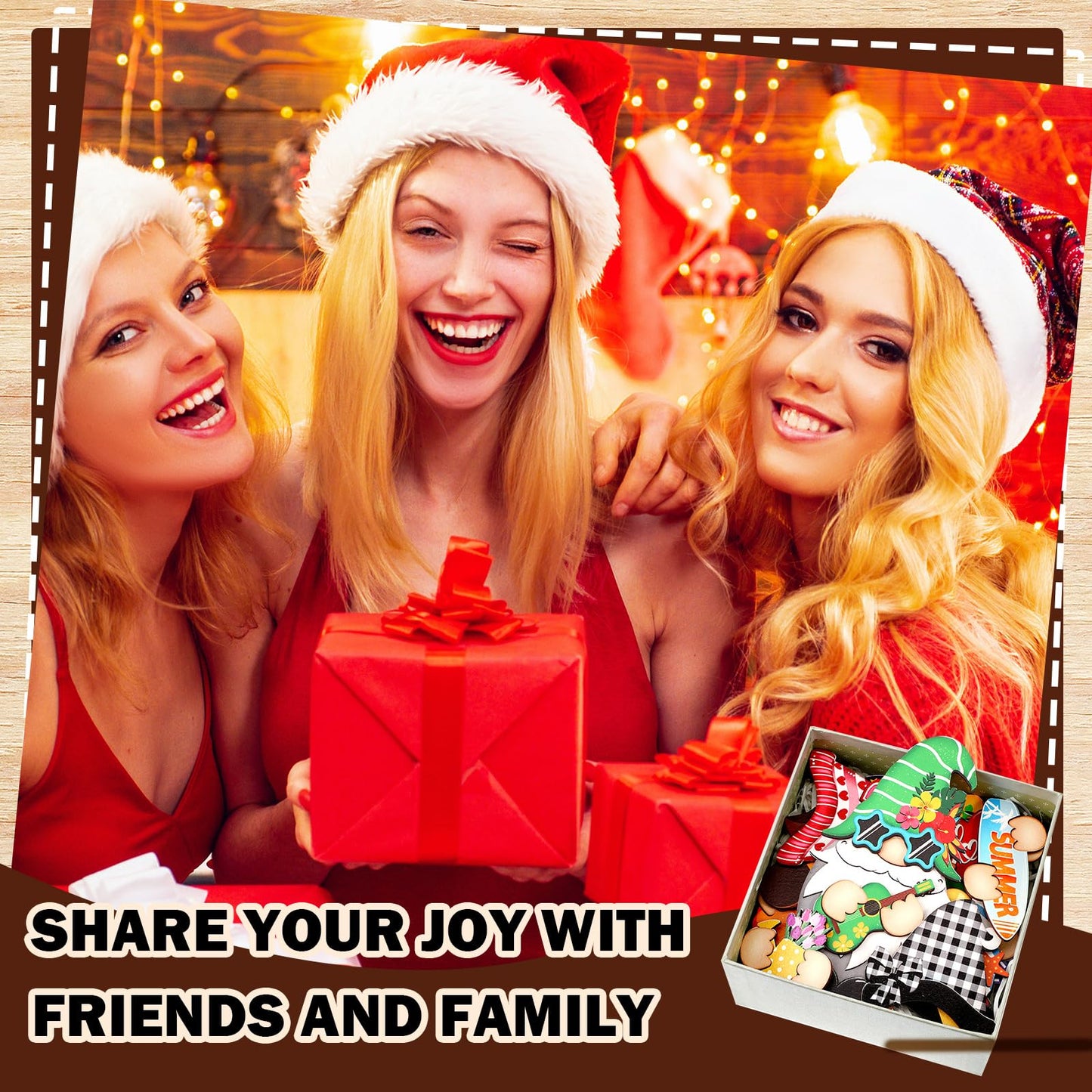 34 Pcs Christmas Interchangeable Wooden Gnome Decor DIY Holiday Christmas Seasonal Tiered Tray Decoration Gnomes with Magnet Pieces Welcome Sign for Xmas Holiday Decorations (Classic)