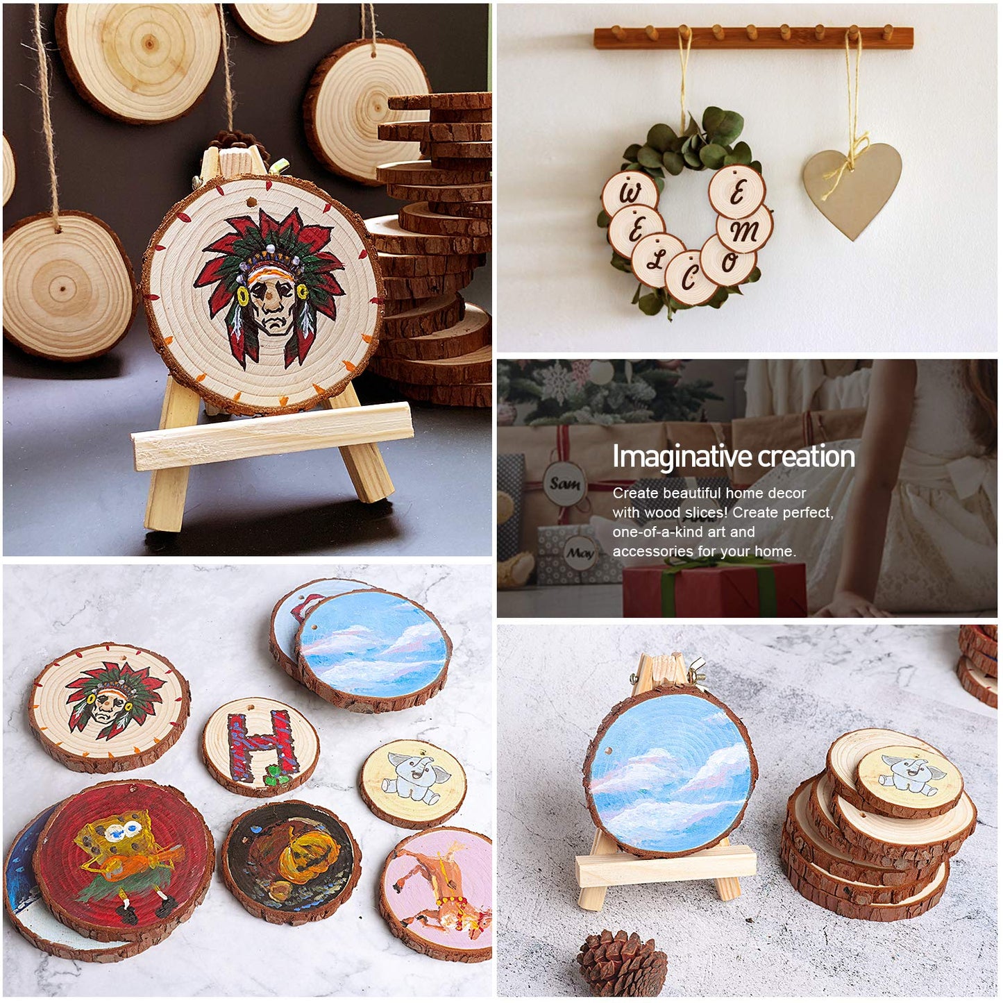 Natural Wood Slices - 30 Pcs 3.5-4 inches Craft Unfinished Wood kit Predrilled with Hole Wooden Circles for Arts Wood Slices Christmas Ornaments DIY Crafts