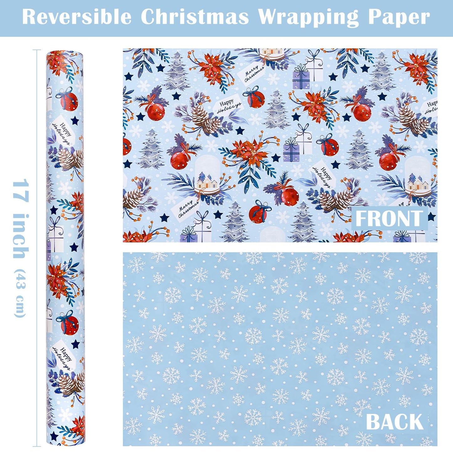Reversible Christmas Wrapping Paper - Mini Roll - 17 Inch x 33 Feet - Red & Blue Snow Globe, Poinsettias and Snowflake Wrapping Paper for Xmas Holiday, Party Celebration