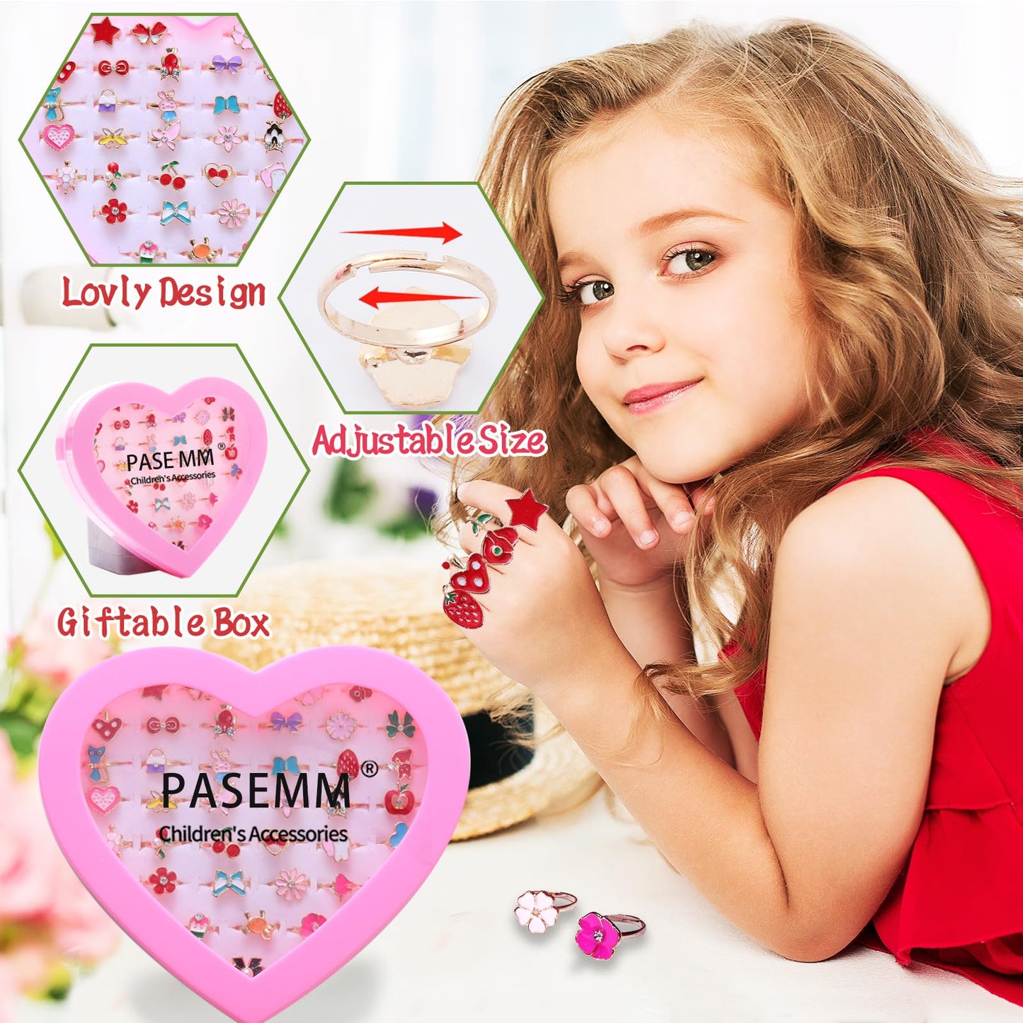 PASEMM 36pcs Little Girl Alloy Jewelry Rings, Adjustable, No Duplication Kids Play Ring in Box,Pretend and Dress Up Rings for 4-12 Year Old Girls Birthday Holiday Gifts, 4 5 6 7 8 9 10 11 12 Year Old Girl Toys for Kids
