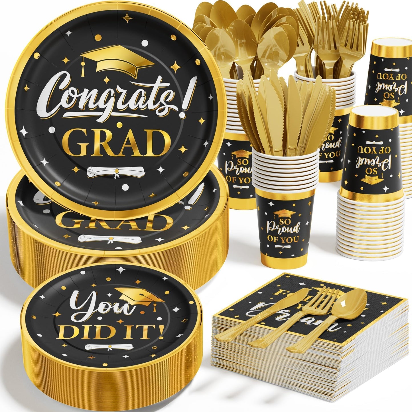 Ecomore Graduation Decoration Class of 2026, 350PCS Graduation Party Supplies Disposable Dinnerware(Serve 50) with Paper Plates Cup Napkin Fork Knife Spoon College High School Grad Decor(Black & Gold)