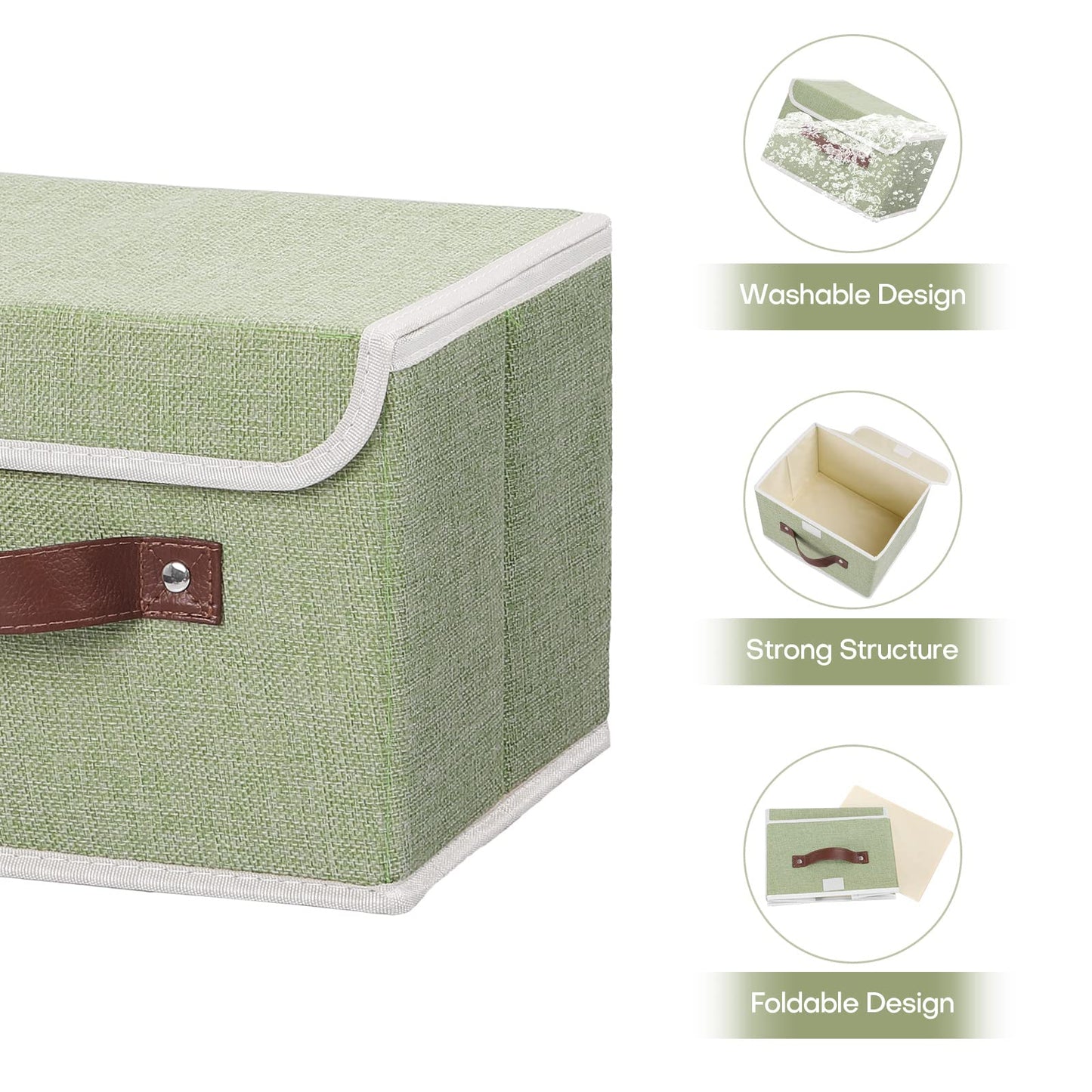 Storage Bin with Lid Storage Boxes with PU Leather Handles PP Plastic Board Decorative Foldable Lidded Cotton Linen Fabric Home Cubes Baskets Closet Organizer Container - Green, Small Size