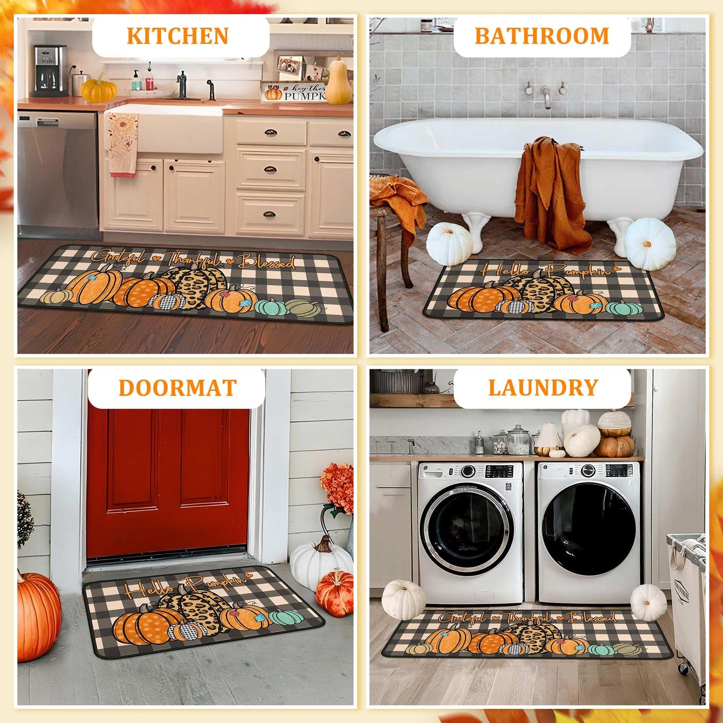Fall Kitchen Rugs and Mats for Floor, Fall Decorations for Home, 2 Pcs Non-Slip Backing Pumpkin Mat, Autumn Decor Thanksgiving Kitchen Rug Sets with Runner 17"x47.2"+17"x30"