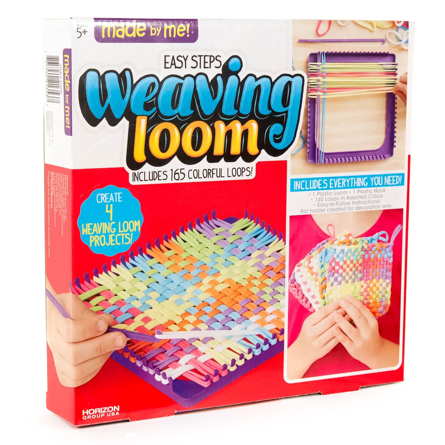 Made By Me Easy Steps Weaving Loom for Kids, Includes 165 Loom Loops & 1 Weaving Loom with Loom Hook, Makes 4 Projects, Hook & Loop Potholder Kit, DIY Weaving Kit, Potholder Loom Kit, Kids Crafts