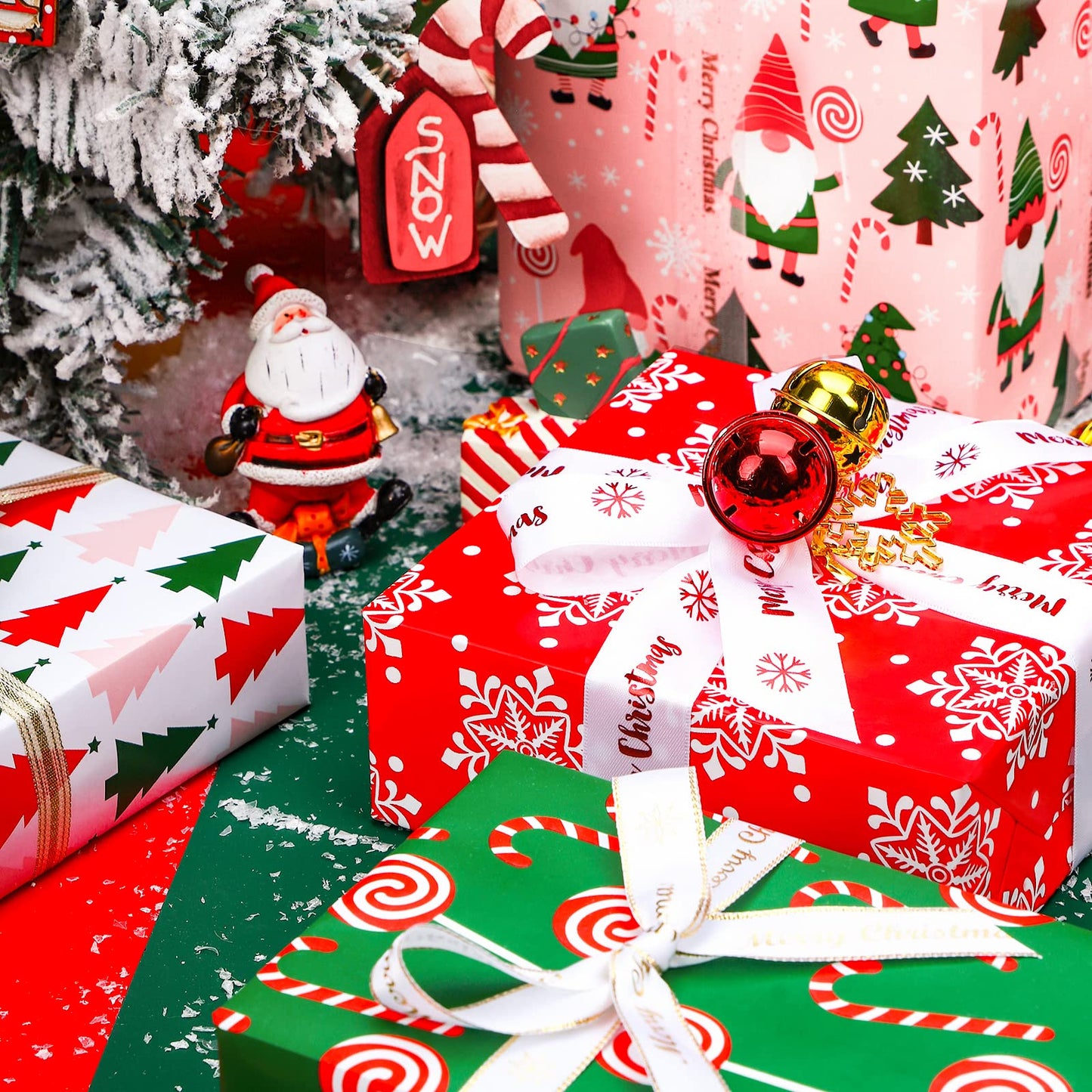 30 Inch Christmas Wrapping Paper Roll - Jumbo Roll Red, Green and Pink Christmas Gnome Elf Holiday Collection - 4 Rolls - 30 Inch x 120 Inch Per Roll