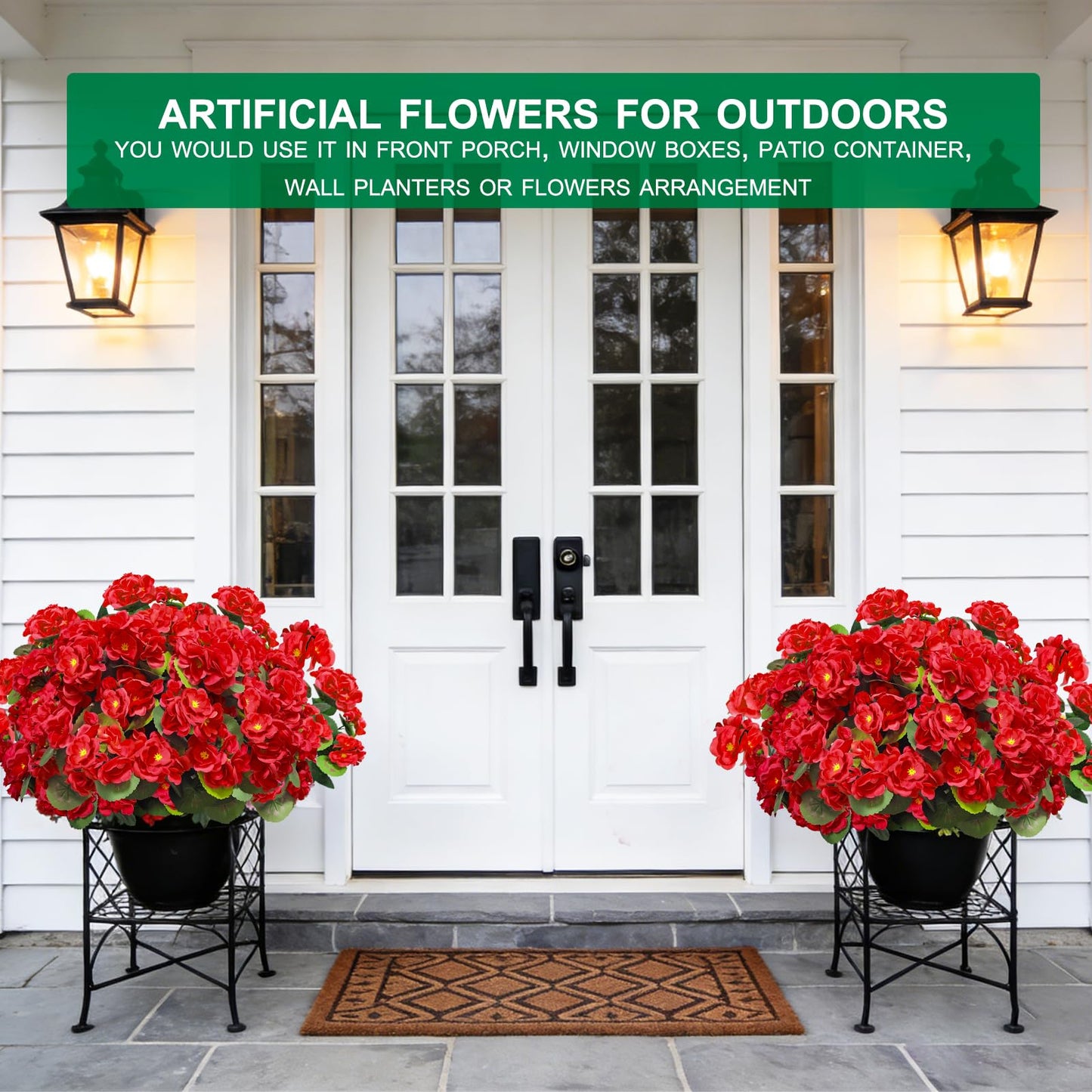 TURNMEON Artificial Geraniums Flowers for Outdoors Summer Derby Day Decoration, 4 Bundles Fake Flowers Silk Red Flowers UV Resistant No Fade Faux Plants for Gardens Planter Patio Indoor Cemetery Decor