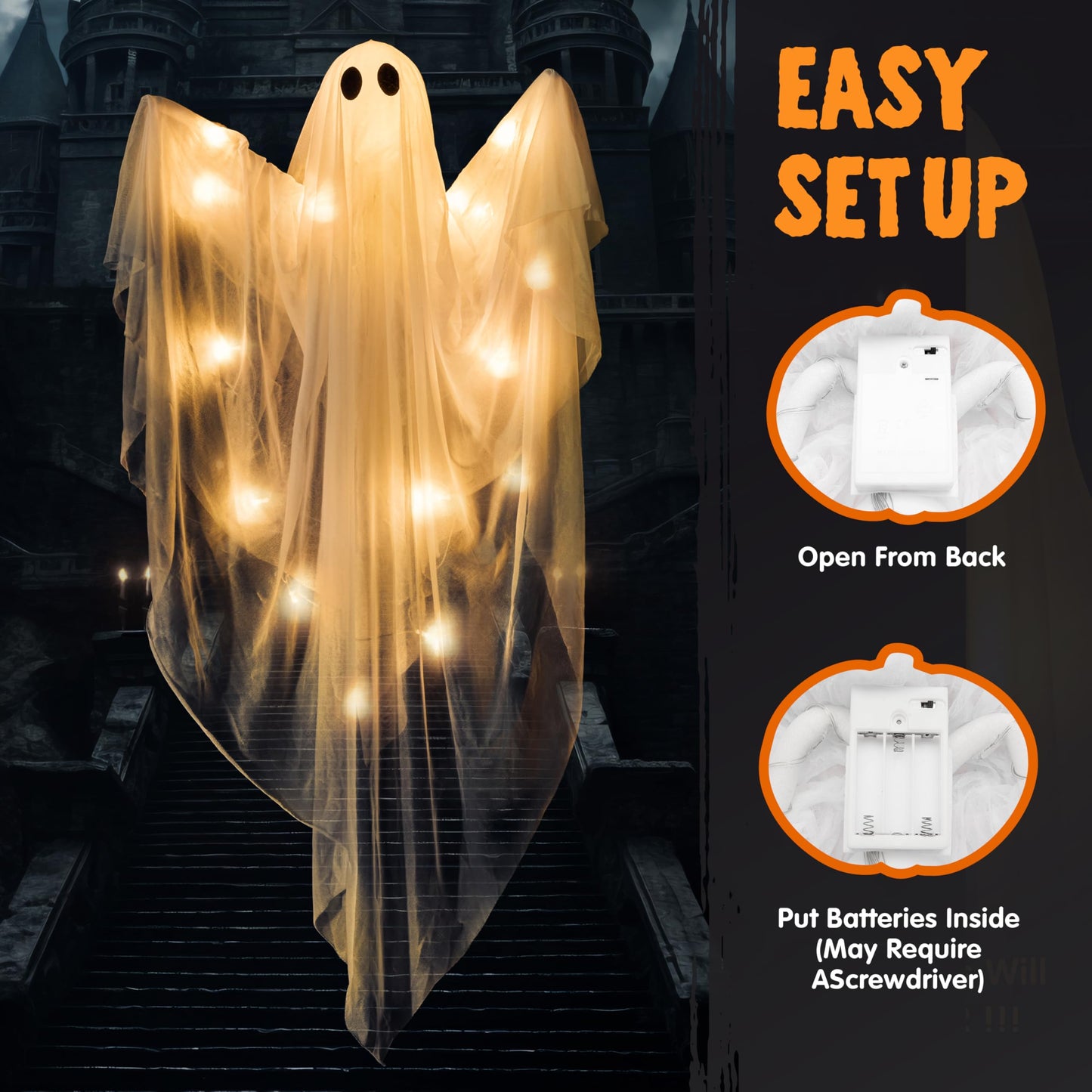 JOYIN 2 Pcs 47” Halloween Light up Hanging Ghost Decoration Outdoor with Warm LED Light, Halloween Flying Hanging Ghosts for Haunted House Prop, Front Yard Patio Party Decor Indoor Outdoor
