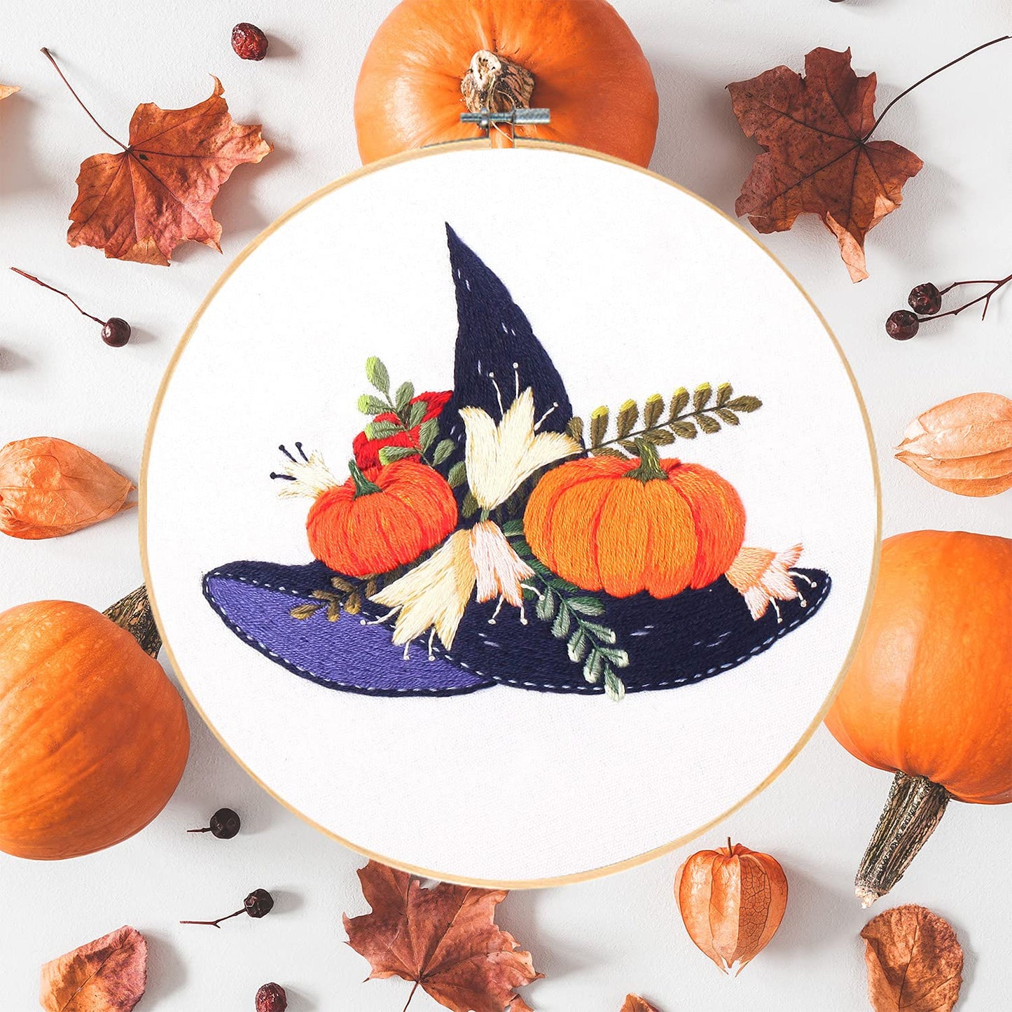 Santune 4-Pack Halloween Embroidery Kit Cross Stitch Kits for Beginners DIY Needlepoint Kit with 4 Embroidery Clothes Featuring Pumpkin Patterns,2 Hoops,Color Threads,Needles