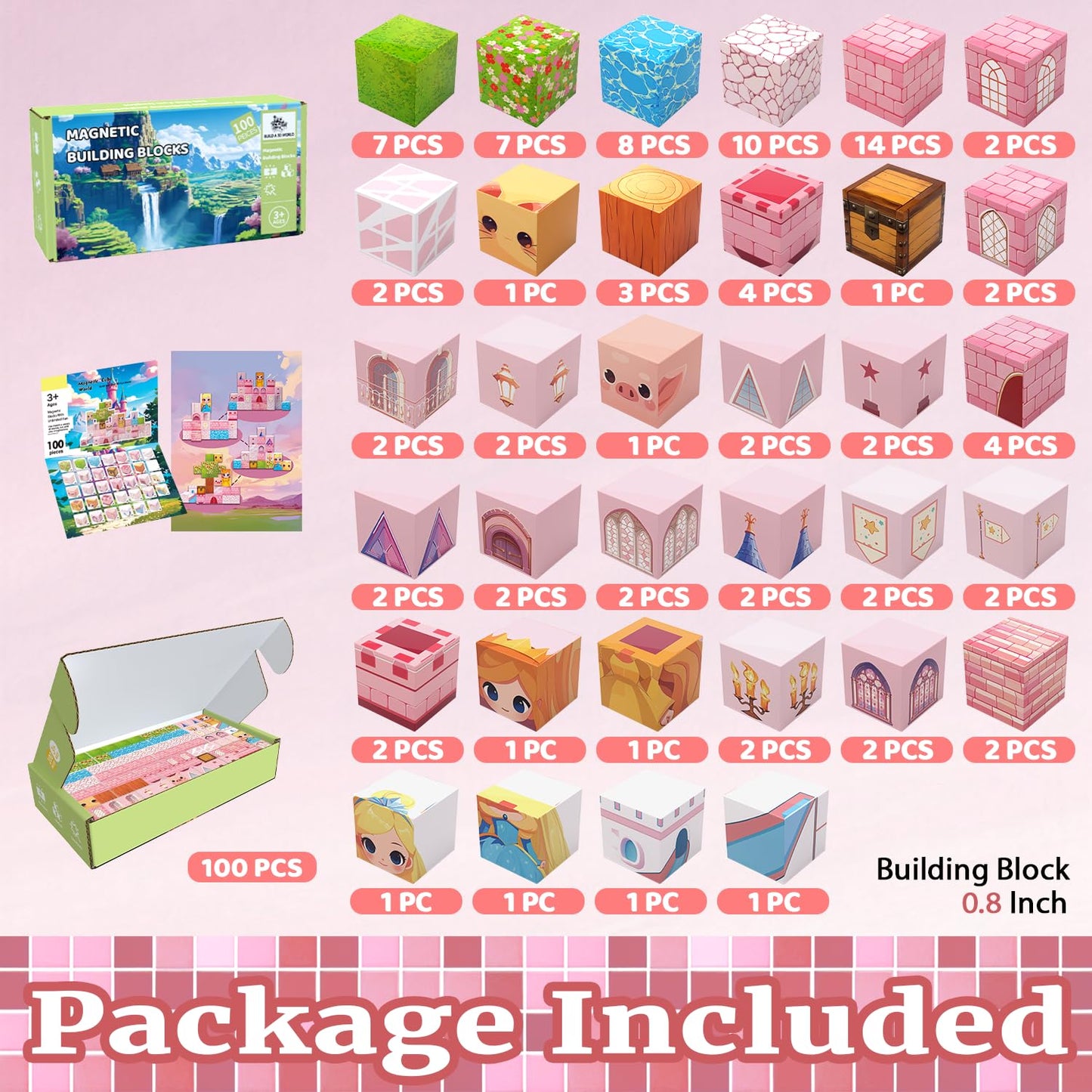 SSAWER Magnetic Blocks, 100PCS Magnetic Tiles Building Blocks, Magnet Cubes STEM Sensory Game Toys Christmas Birthday Gifts for Kids Girls Age 3+ (Princess Castle)