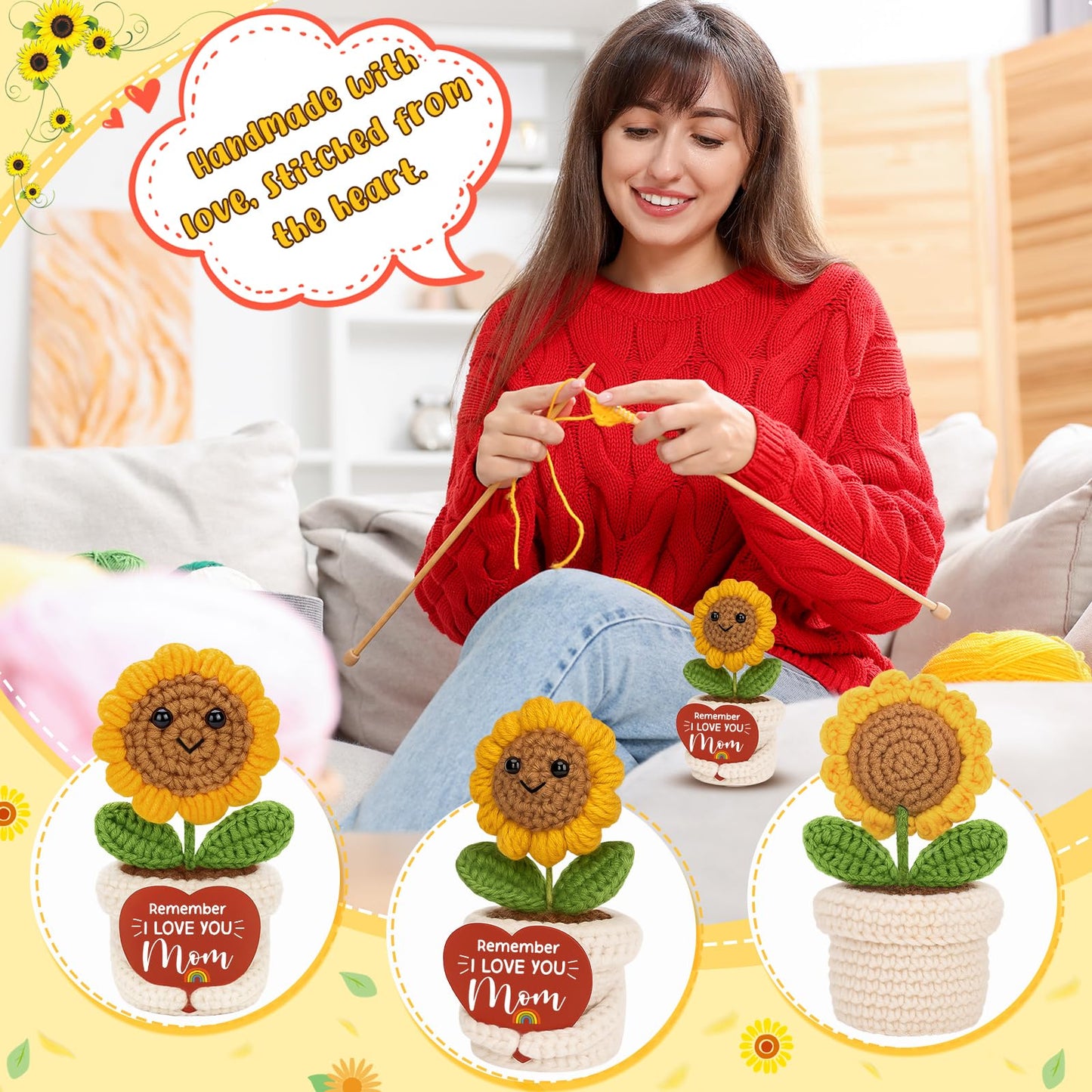 Funny Birthday Gifts for Mom, Mom Gifts from Daughter Son, Handmade Crochet Sunflower Mother’s Day Best Gift for Mama, Grandma, Mini Gift for Mother in Law, Remember I Love You Moms sign for Daughters