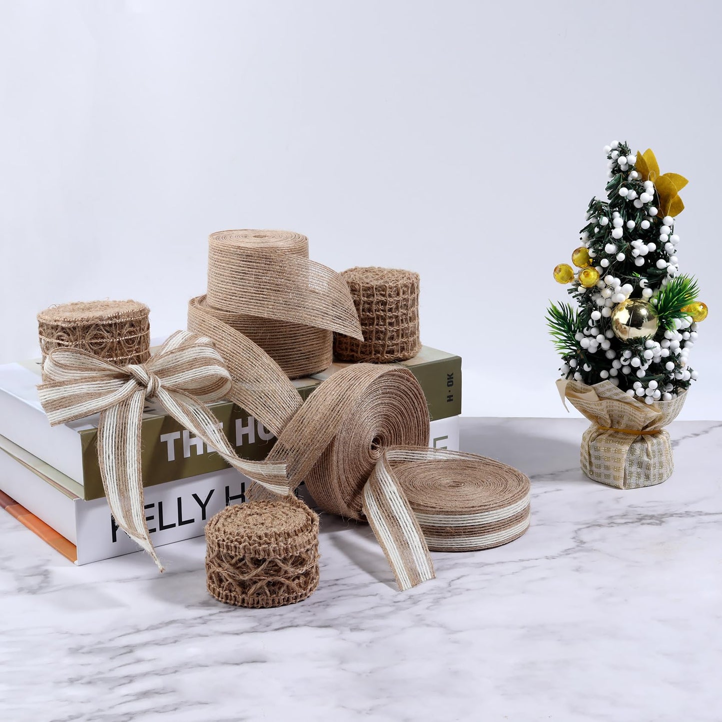 4 Rolls Burlap Ribbon Rustic Jute Mesh Ribbons for Crafts, Craft Ribbon Net Burlap Fabric Ribbon for Gift Wrapping Wedding Tree Wedding Christmas Halloween Decoration (Total Length: 10 Meters)