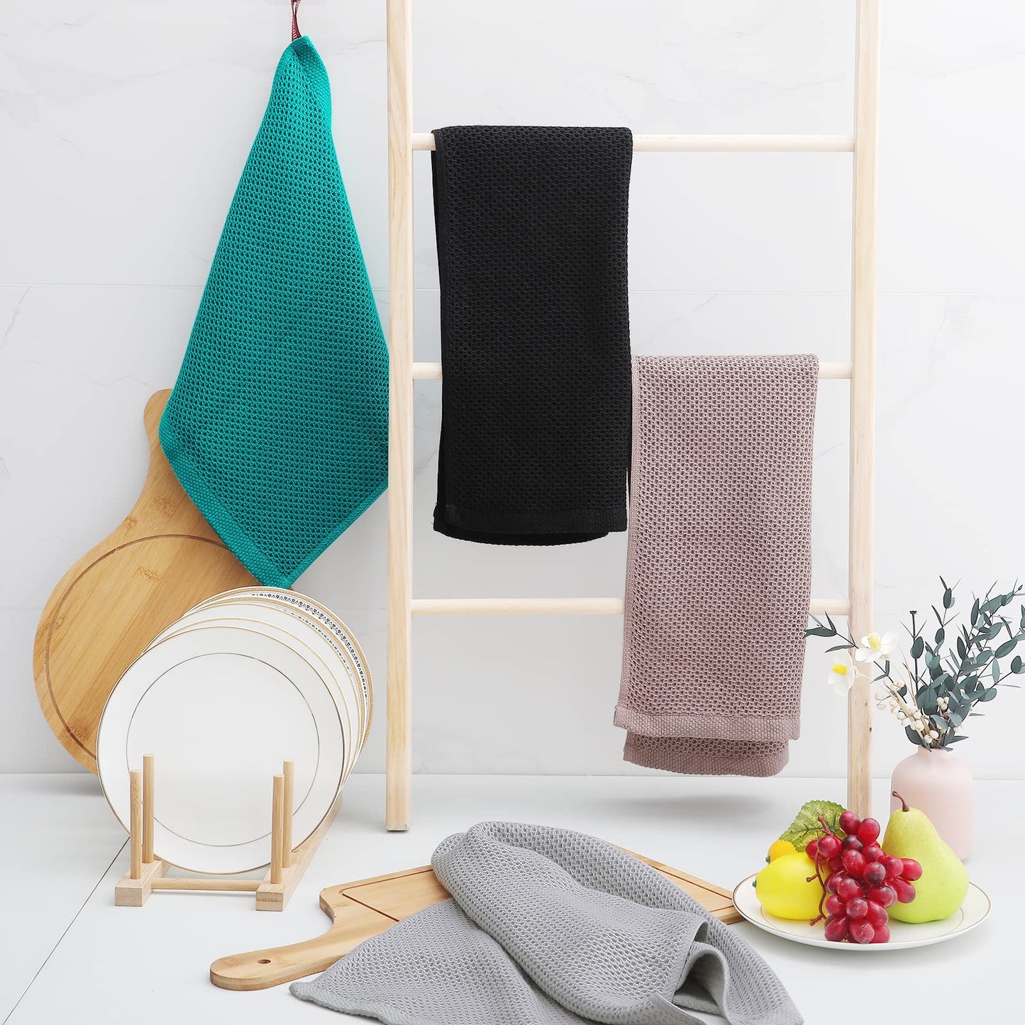 100% Cotton Waffle Weave Kitchen Dish Towels, Ultra Soft Absorbent Quick Drying Cleaning Towel, 13 x 28 Inches, 6-Pack, Black