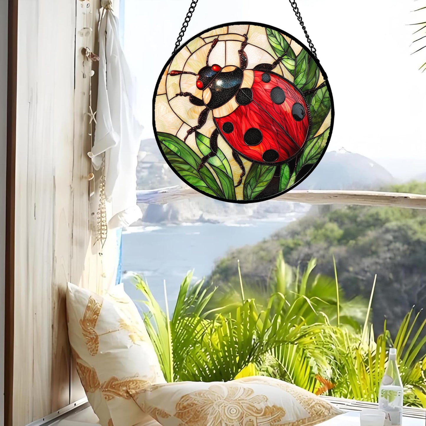AMDERVEN Stained Glass Window Hanging - Red Seven-Spotted Ladybug Sun Catcher for Door Home Decor Insect Suncatcher Christmas Mother's Day Birthday Gifts for Women Men Mom Nana 6.3 in
