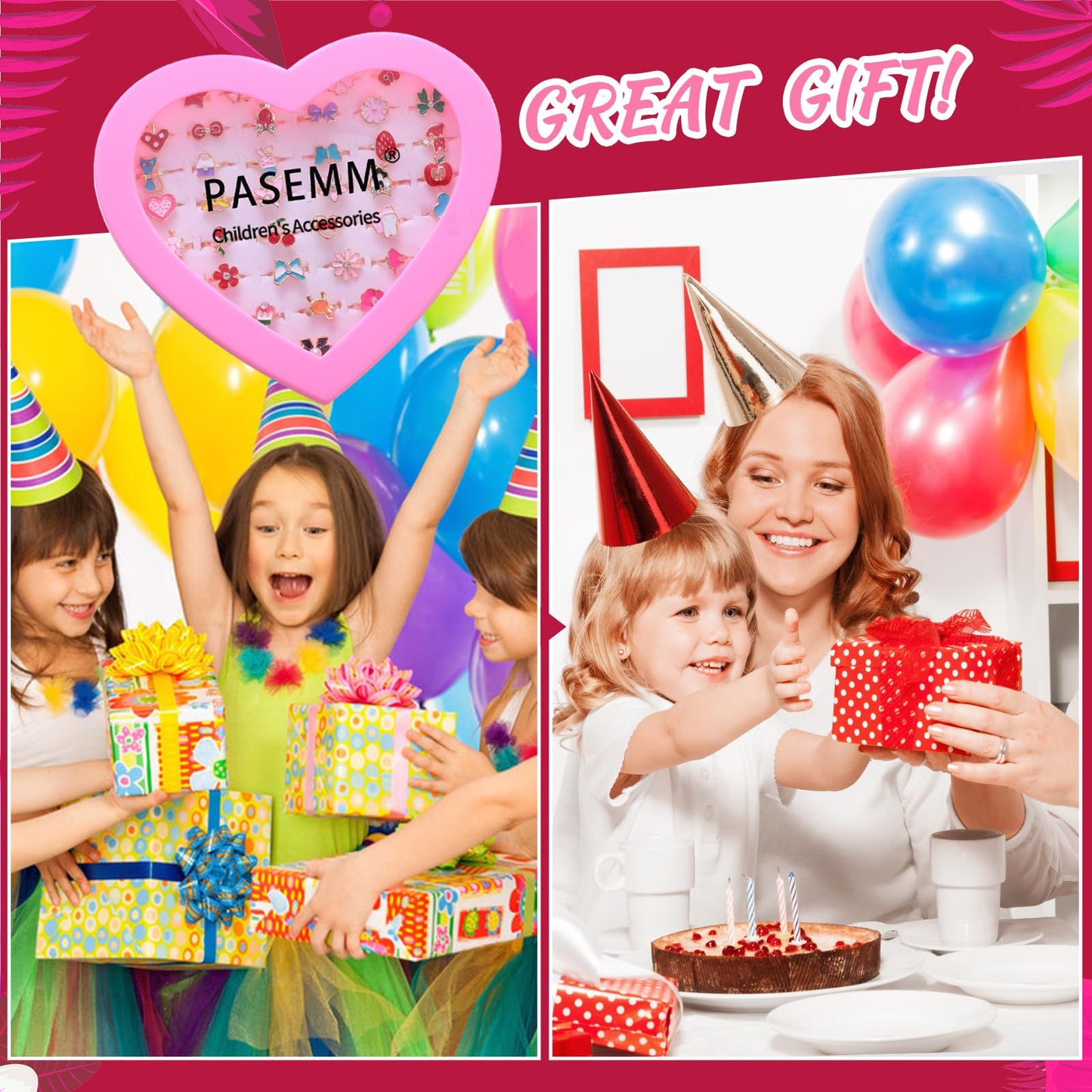 PASEMM 36pcs Little Girl Alloy Jewelry Rings, Adjustable, No Duplication Kids Play Ring in Box,Pretend and Dress Up Rings for 4-12 Year Old Girls Birthday Holiday Gifts, 4 5 6 7 8 9 10 11 12 Year Old Girl Toys for Kids