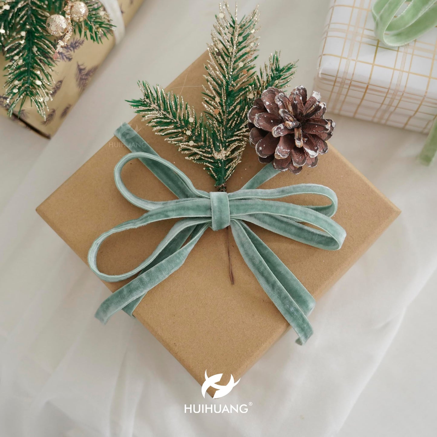 Velvet Ribbon 3/8 inch Double Face Dusty Green/Sage Green/Ivory Velvet Ribbon Set for Gift Wrapping, Christmas Tree Ornaments, Wreath Decor, Invitations, Fall Decor- 15 Yards/Set