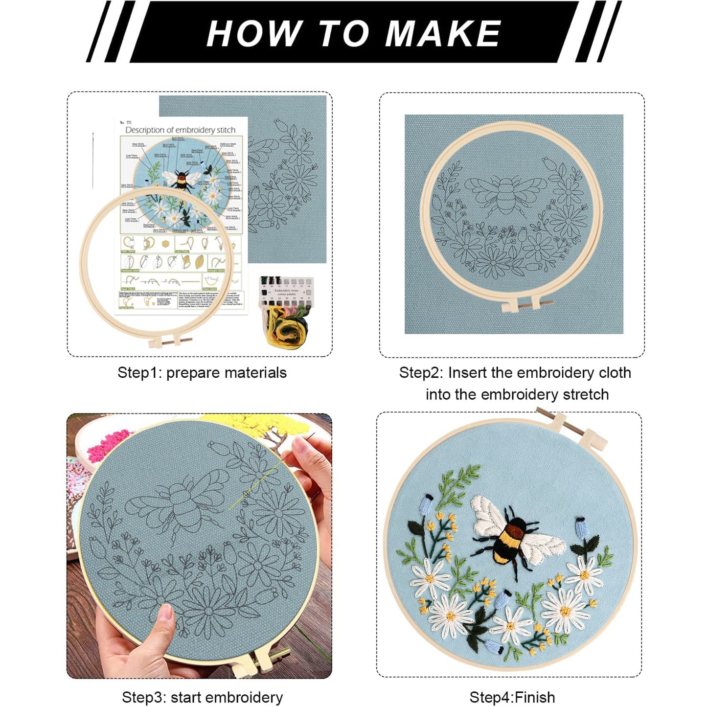 Embroidery Starter Kit for Beginners, 3 Sets Cross Stitch Kits for Adults, Include Embroidery Clothes with Cute Bees and Flowers Patterns, 1 Embroidery Hoop, Threads, Needles and Instruction