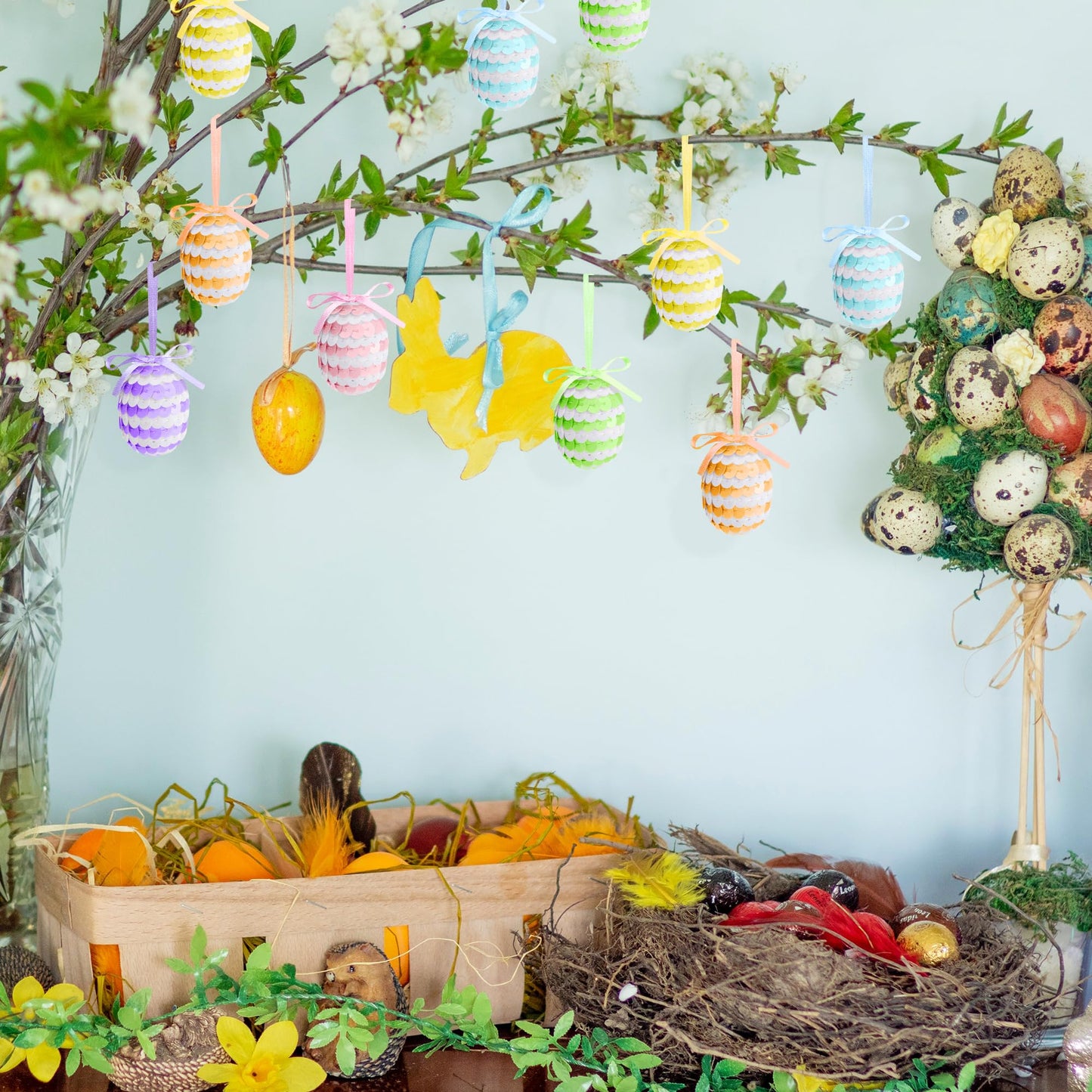 30 Pcs Easter Hanging Sequin Eggs- 1.6" Stripes Easter Eggs Ornaments with Bow- Glitter Easter Decorations Eggs Tree Ornaments for Party Birthday Home Garden Decoration