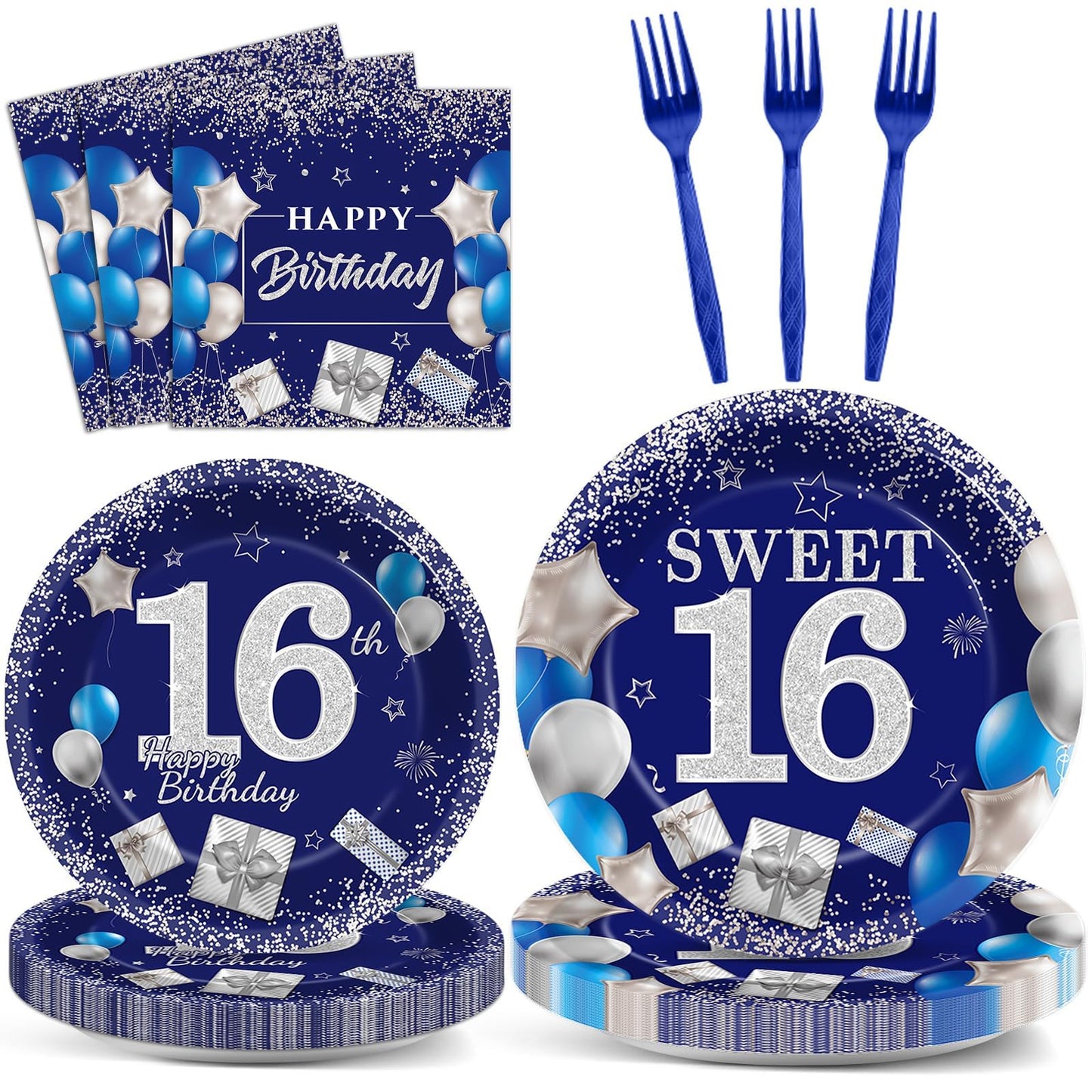 gisgfim 96Pcs 16th Birthday Plates and Napkins Party Supplies Sweet 16 Birthday Party Tableware Set Blue Silver 16th Birthday Decorations Favors for 16 Years Old Boys Girls for 24 Guests