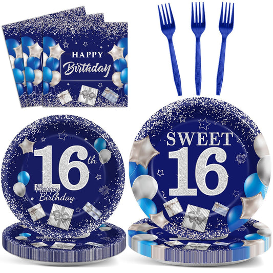 gisgfim 96Pcs 16th Birthday Plates and Napkins Party Supplies Sweet 16 Birthday Party Tableware Set Blue Silver 16th Birthday Decorations Favors for 16 Years Old Boys Girls for 24 Guests