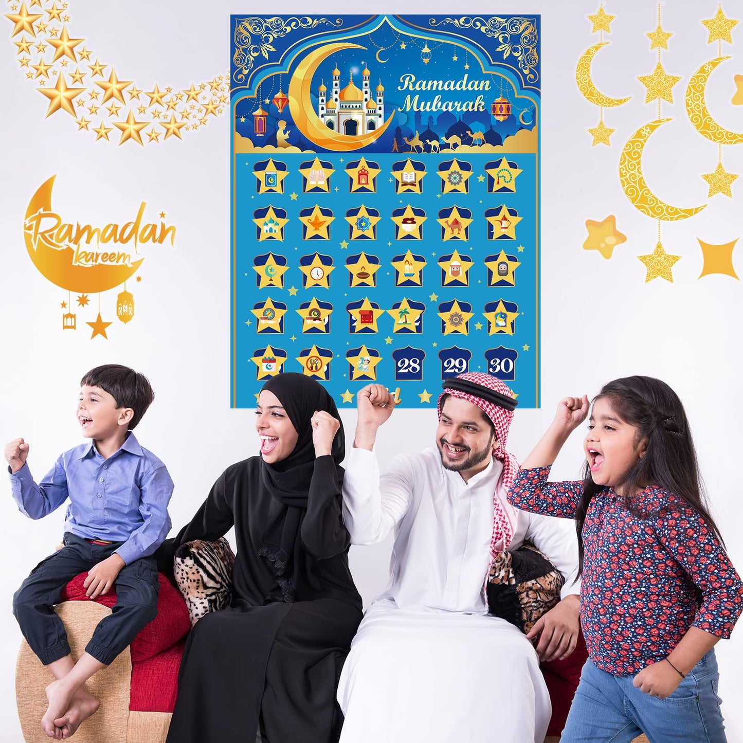 Ramadan Calendar, Eid Mubarak Calendar Countdown for Eid Party Supplies, Ramadan Advent Calendar Poster with 30 Countdown Star Stickers for Ramadan Mubarak Home Wall Decorations