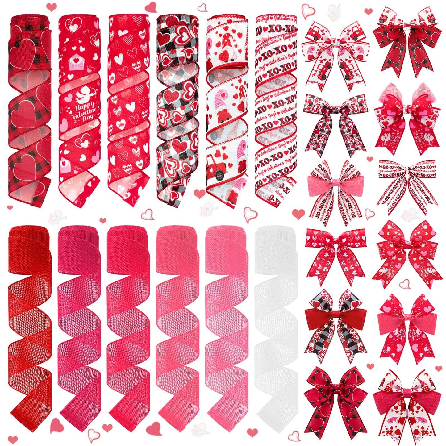 12Rolls Valentine's Day Wired Edge Ribbon for Wreaths 2 Inch x 30 Yards Red and Pink Heart Cupid Ribbon for Valentine's Day Party Decorative Supplies 12 Styles