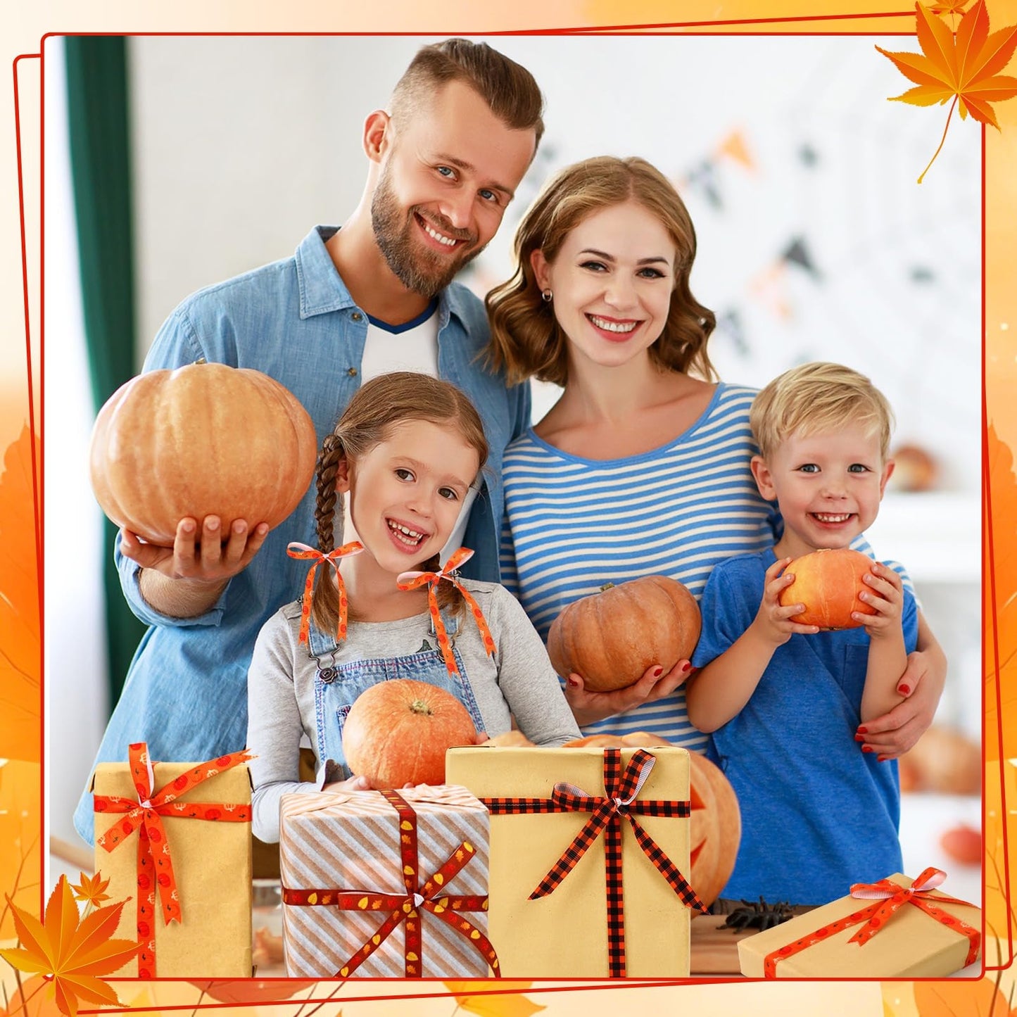 DECYOOL Fall Ribbon, 6 Rolls 60 Yards Autumn Thanksgiving Grosgrain Ribbons 10 mm Wide Orange Pumpkin Maple Leaf Ribbon for Gift Wrapping Bow Wreath