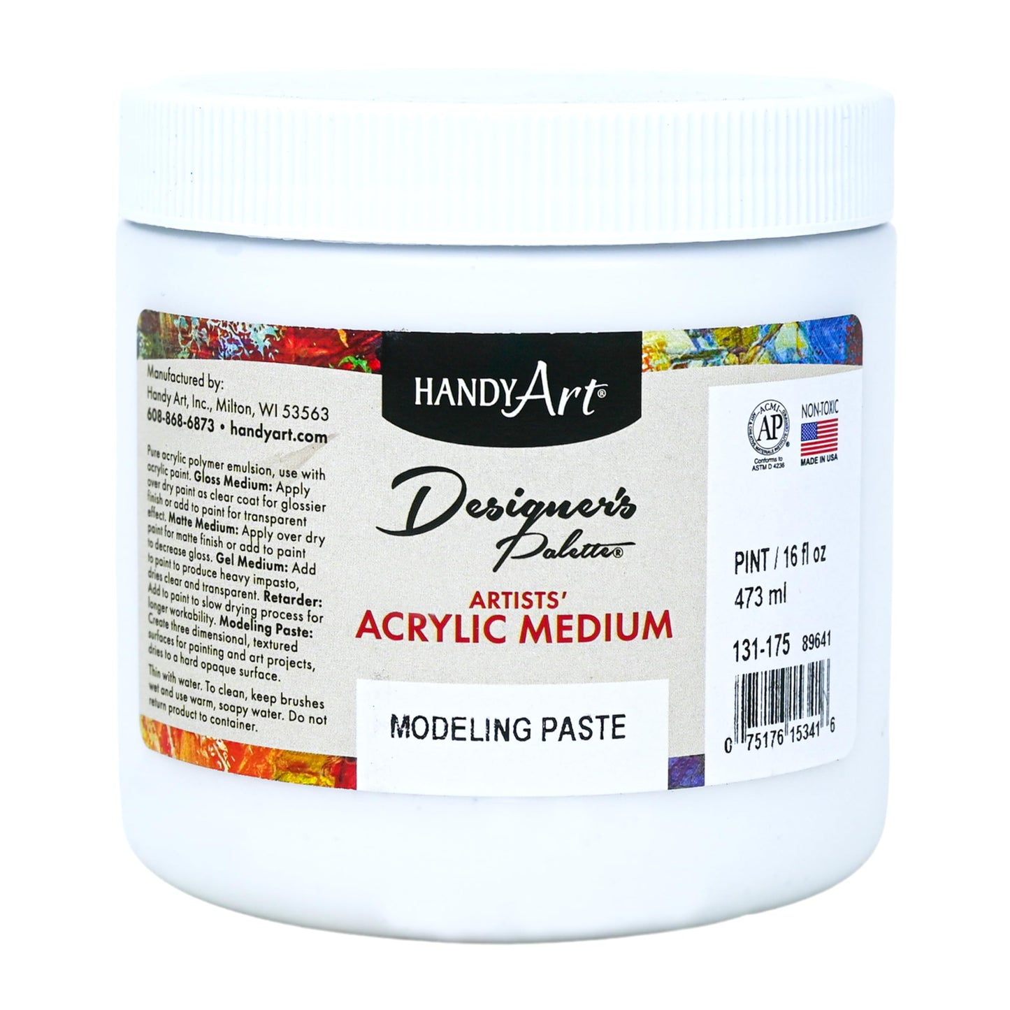 Handy Art Modeling Paste, 16 oz, Opaque White Finish, Creates 3D Sculptural Texture & Impasto Effects, Artist Quality Medium Dries Hard & Sandable, Certified Safe & AP Non-Toxic, Made in USA