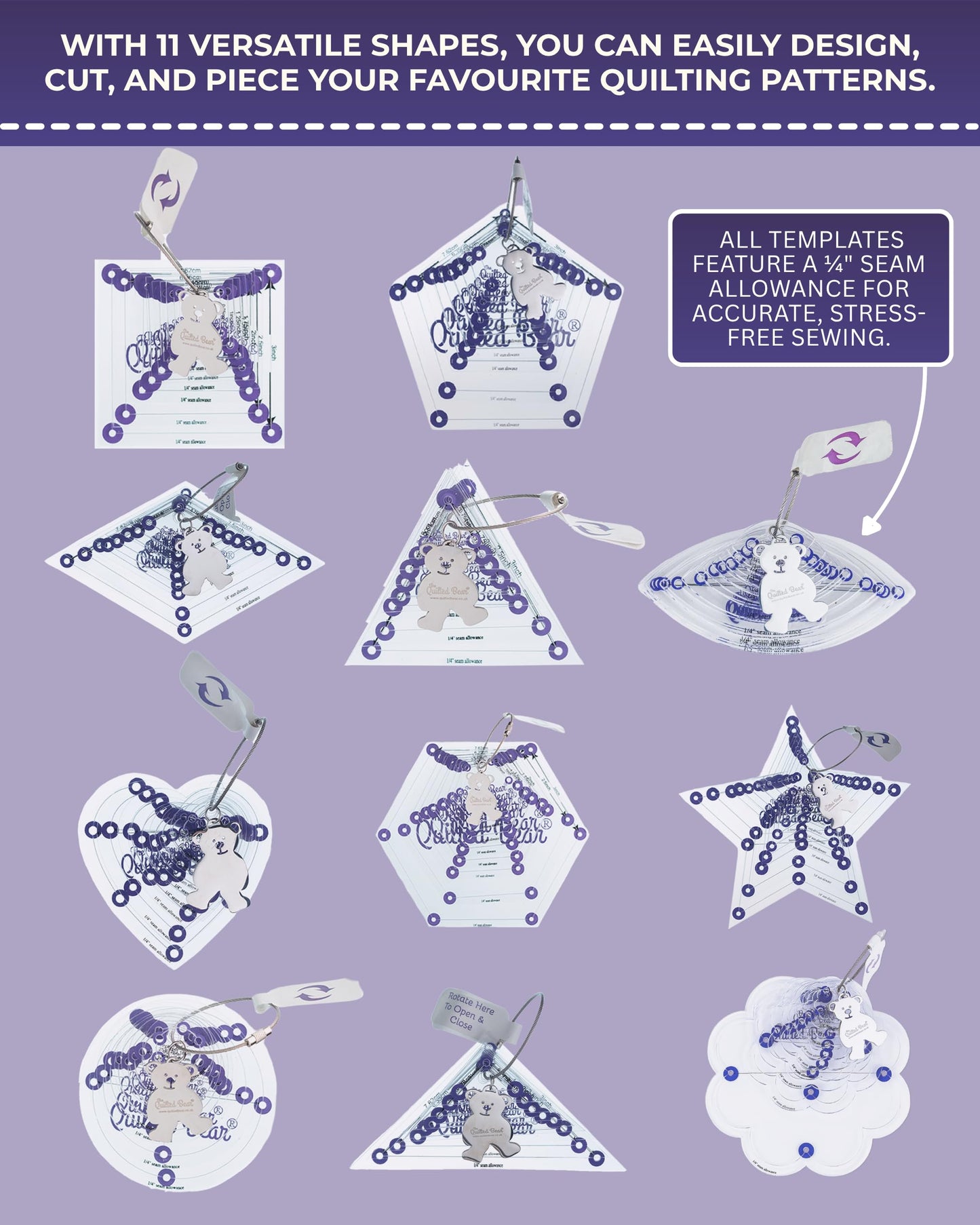 The Quilted Bear Flower Quilting Templates – 8 Clear Non-Slip Acrylic Quilt Templates for Precise Fabric Cutting & Stress-Free Machine Quilting - Ideal for Quilt & Sewing Supplies (¾–3")