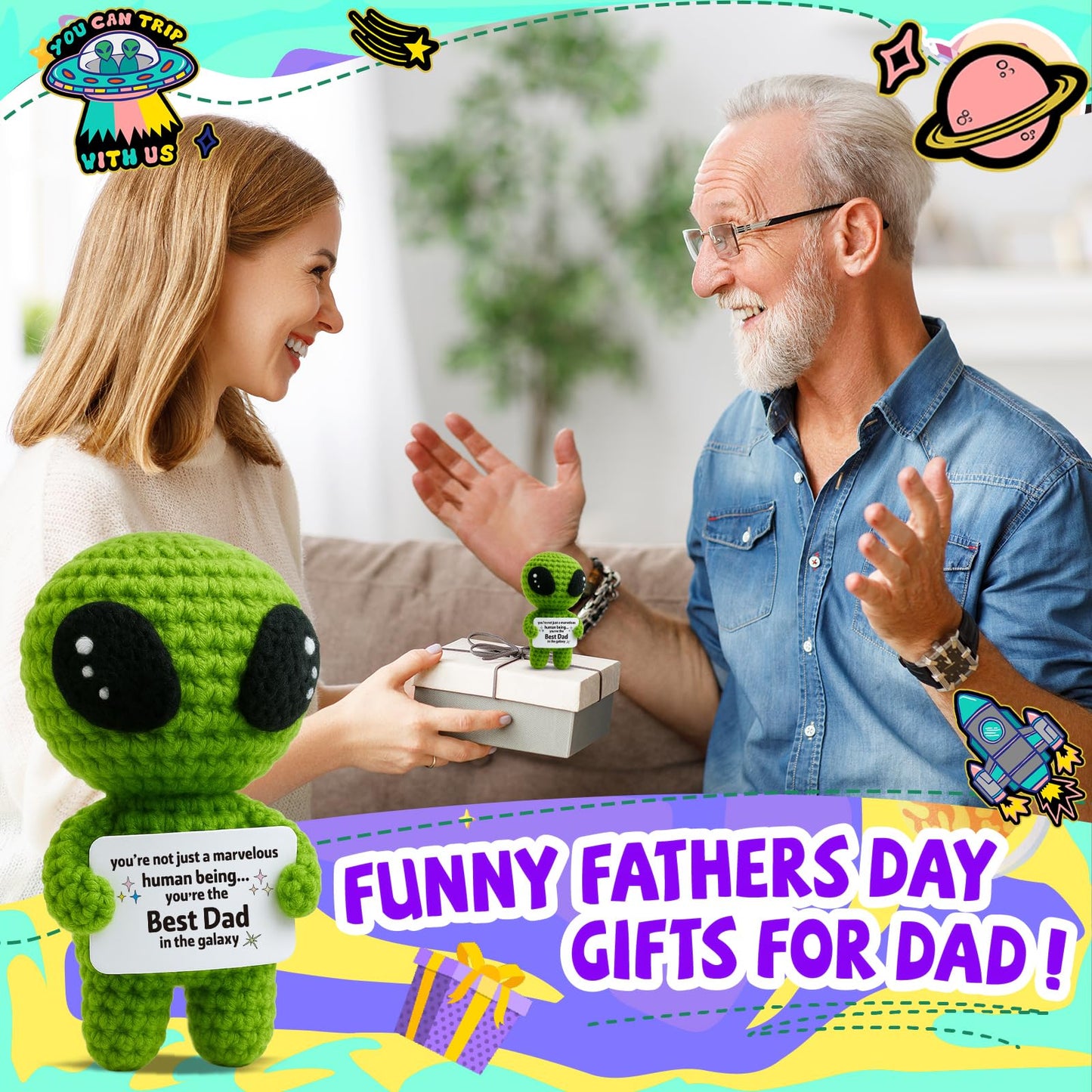 MAMAGIFTREE Fathers Day Funny Gift for Dad from Daughter Son with Message Card - Unique Dads Birthday Gifts for Husband from Wife Kids - Father’s Day Crochet Alien Handmade Decoration