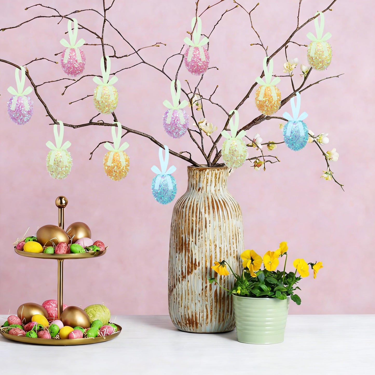 48 Pcs Easter Glitter Hanging Eggs, Shiny Tinsel Easter Egg Ornaments, Spring Foam Egg Hanging Decoration for Home Holiday Party Celebrations Tree Wall DIY Craft Decoration (1.3'' x 1.6'')