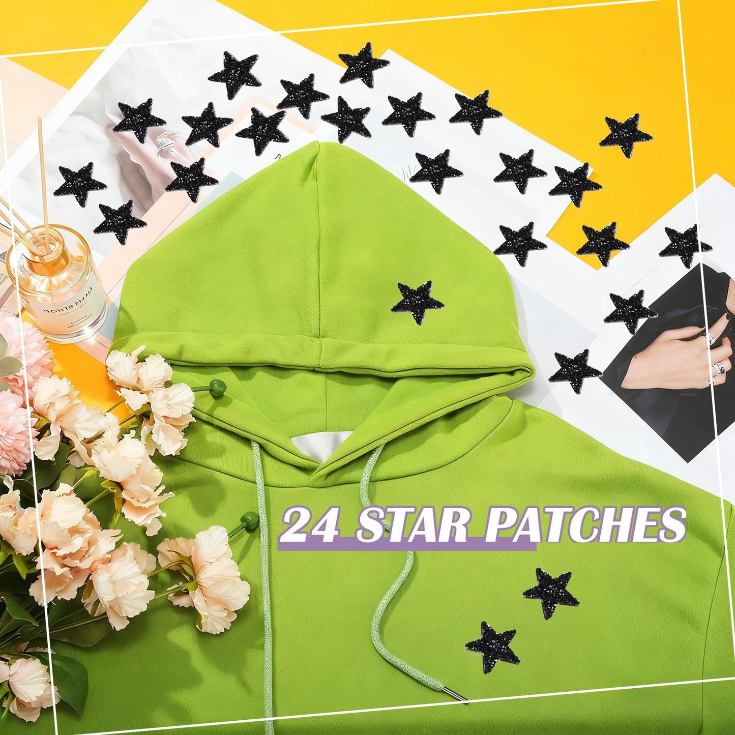 Syhood 24 Pcs Star Patches Iron on Rhinestone Adhesive Sequin Glitter Star Patches Appliques for Graduation Holiday Wedding Clothing Jeans Repair Decors(1.57 Inch,Black)