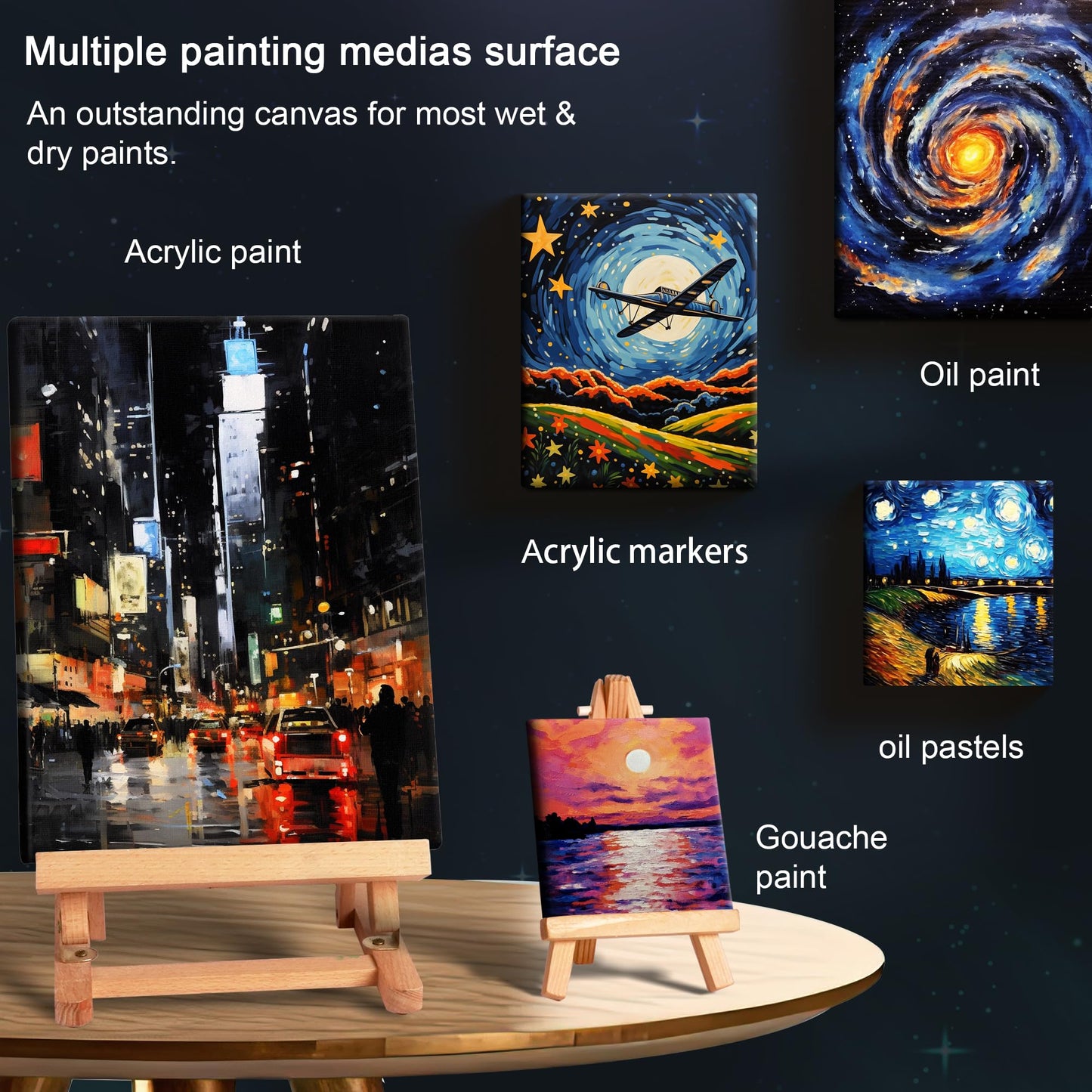 Black Stretched Canvas, 8x10 Inch/4 Pack - 3/4 Inch Profile, 8 Oz Quadruple Gesso Primed 100% Cotton Blank Black Canvases for Acrylic, Oil, Tempera, Metallic, Neon Painting & Crafts