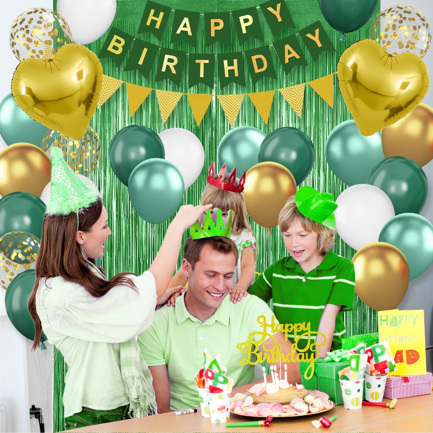 Green Birthday Decorations,Happy Birthday Banner Emerald Green and Gold Balloons Fringe Curtain Heart Foil Balloons for Women Men Party Decor
