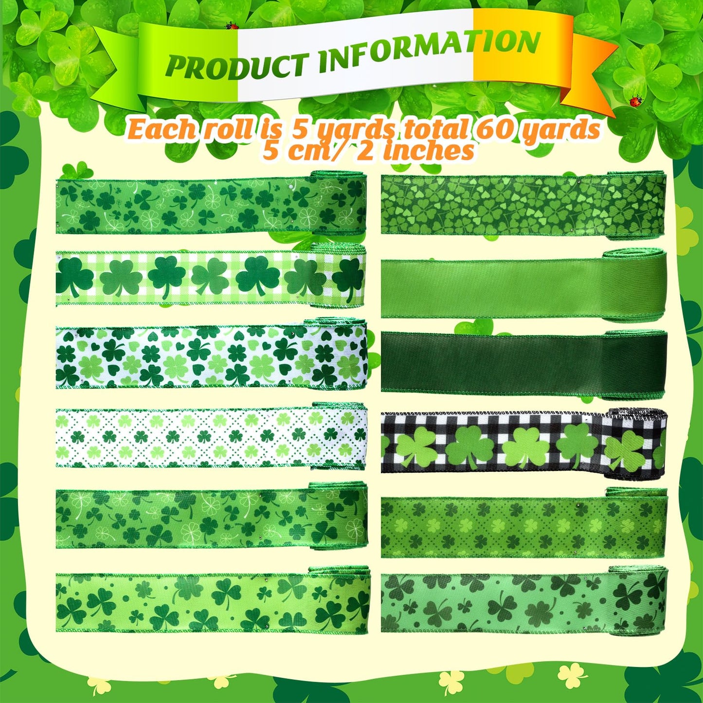 12 Rolls St Patrick's Day Wired Edge Ribbon for Wreaths 2 Inch x 60 Yards St Patrick's Day Shamrock Print Grosgrain Ribbon for Gift Wrapping Hair Bow Sewing Wreath Party Supplies 12 Styles