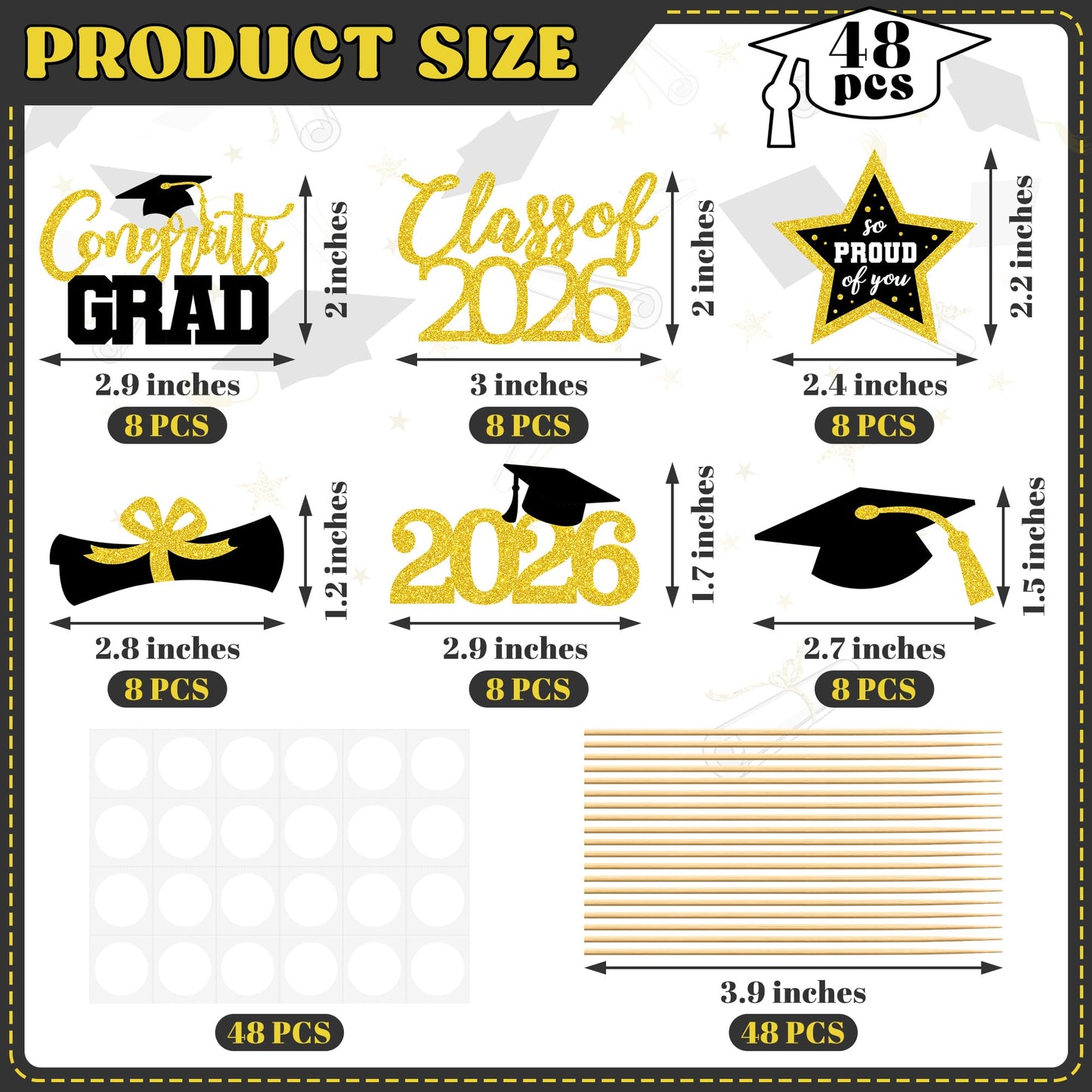 48 PCS Graduation Cupcake Toppers, 6 Styles Congrats Grad Cake Topper, Black and Gold Graduation Decorations 2026, Glittery Cap and Diploma Cake Picks for Grad Party Decor Supplies