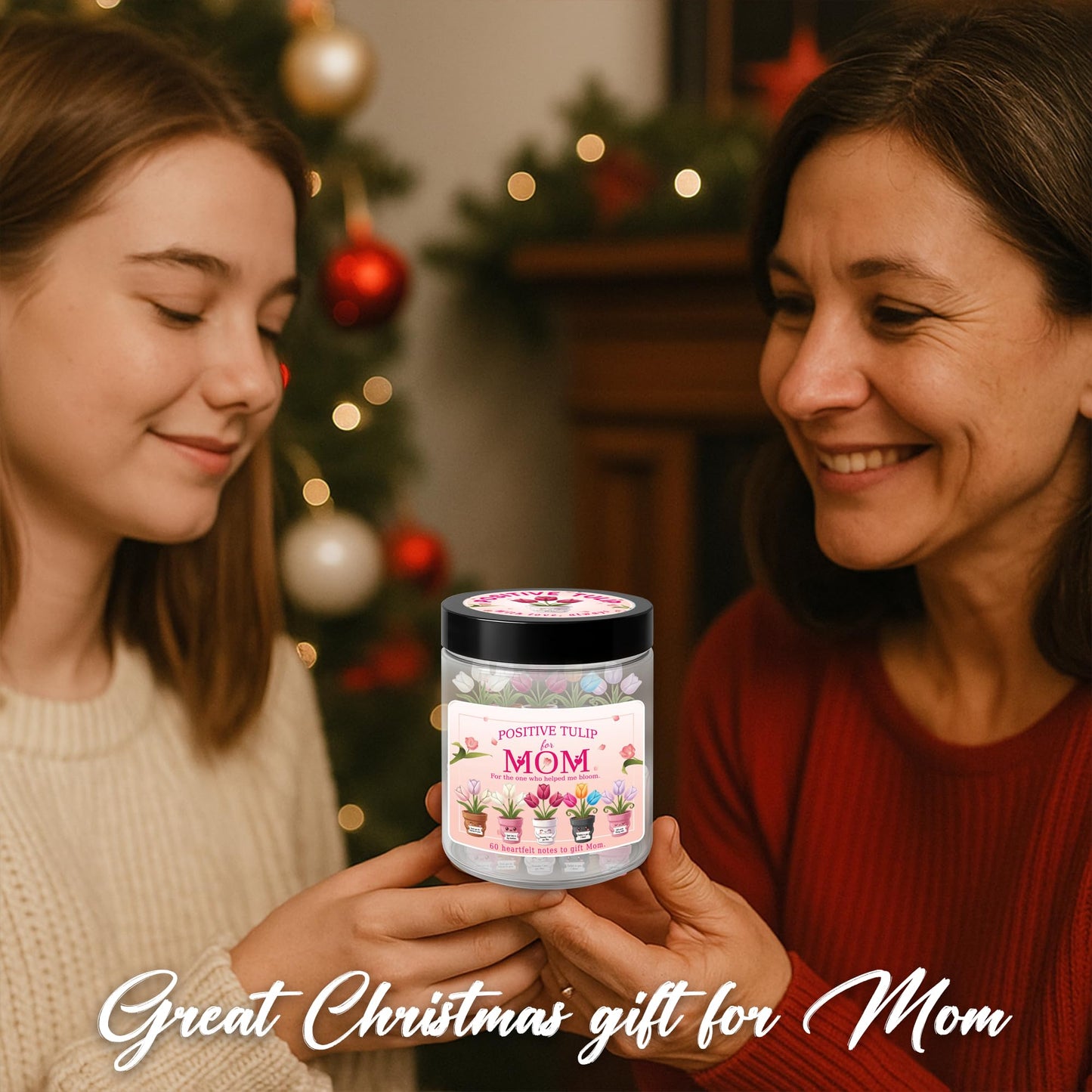 Positive Tulip Jar for Mom – 60 Thoughtful Emotional Support Tulips, Cute Birthday Mothers Day Gifts for Mom Step Mom from Daughter Son, Easter Basket Stuffers for Mom, Step Mom, Mother in Law, Wife