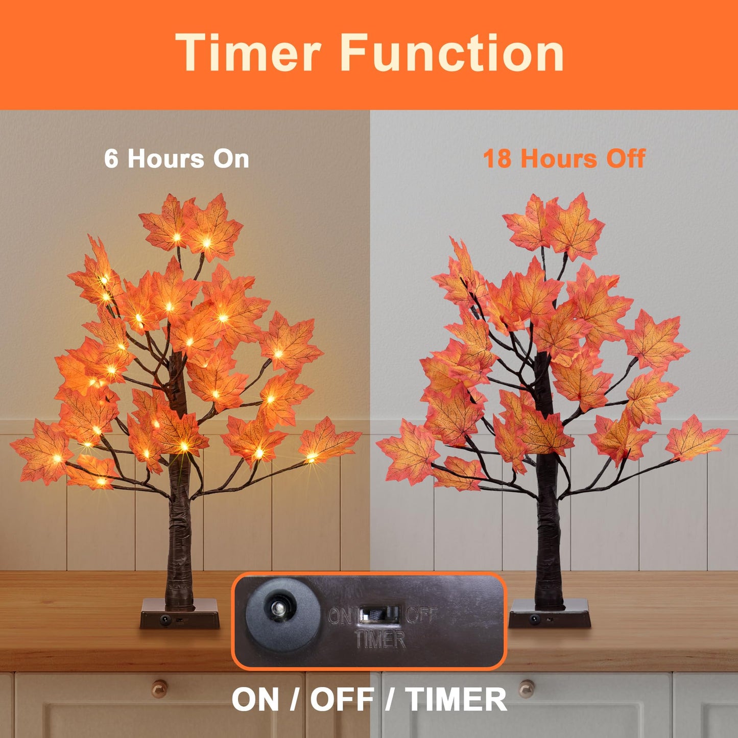 24IN Lighted Maple Tree for Fall Decorations, USB & Battery Operated with Timer Table Lights for Home Party Indoor Outdoor Thanksgiving Autumn Harvest Decor