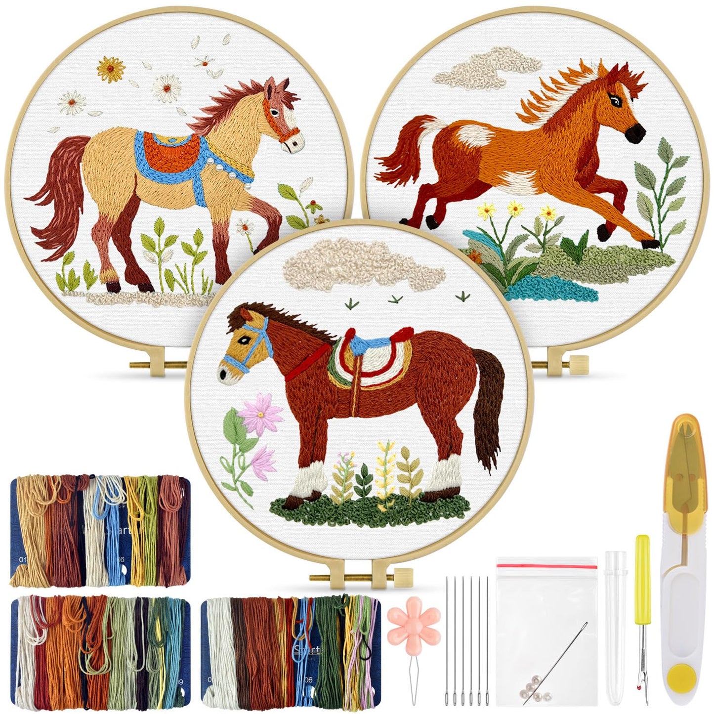 Embroidery Kit for Adult, 3 Pack Embroidery DIY Starter Kit, with Stamped Patterns, Hoop, Tools, Colorful Threads with Needles, Instructions