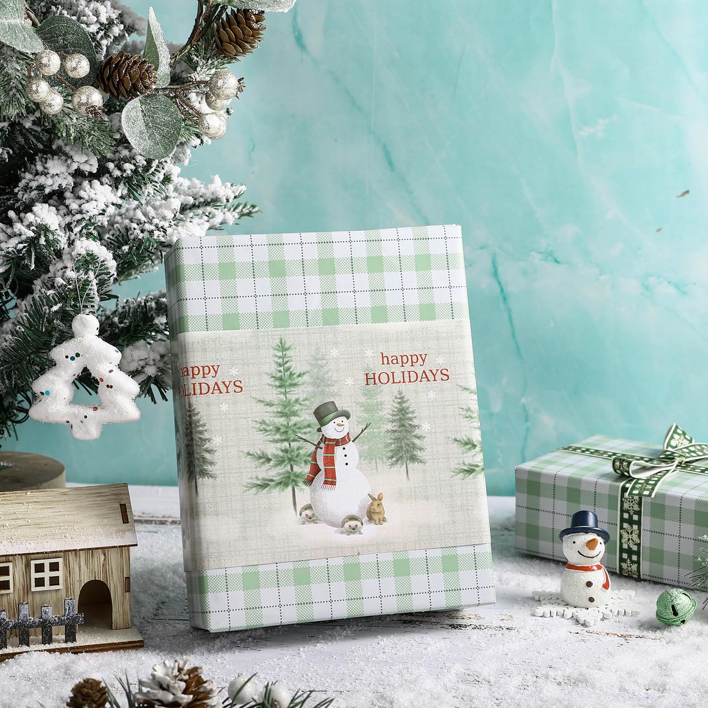 Reversible Wrapping Paper Roll - Mini Roll - Christmas Snowman and Plaid Pattern Great for Christmas, Party, Holiday - 17.5 Inches X 32.8 Feet