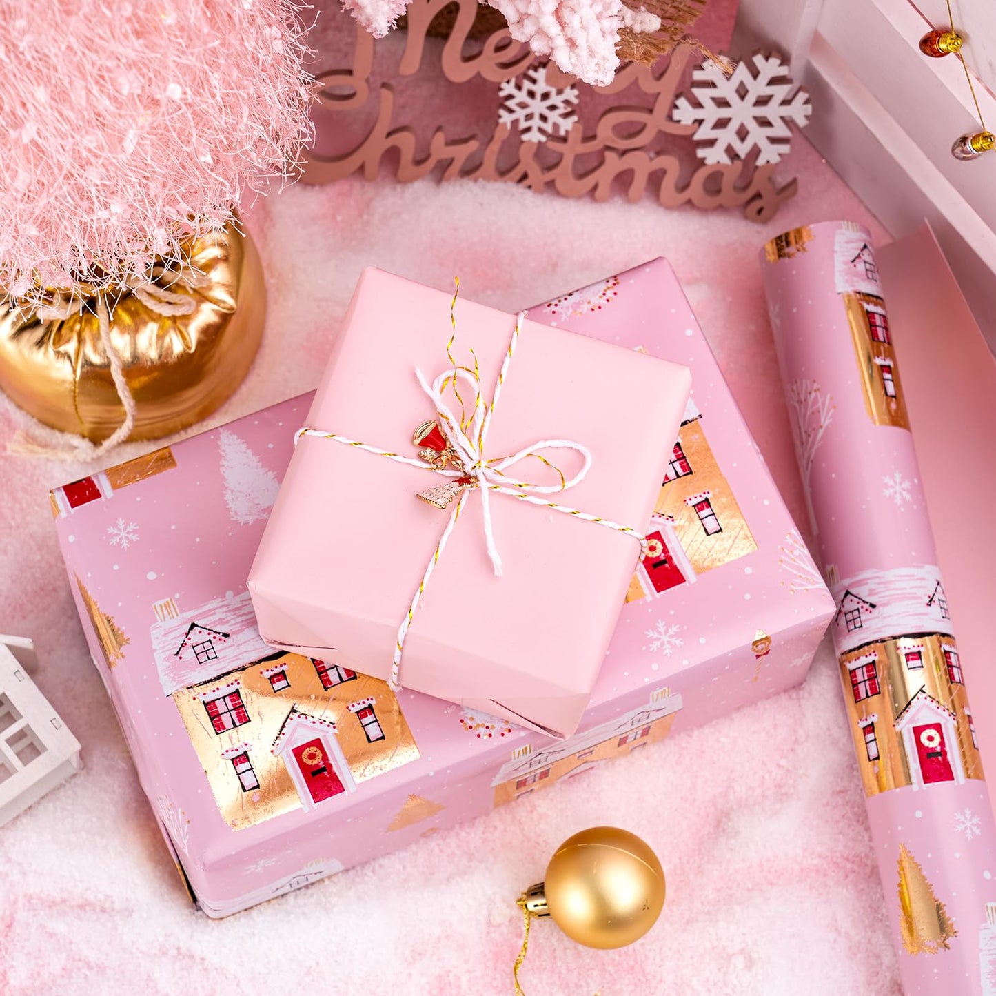 30 Inch Jumbo Reversible Christmas Wrapping Paper - 30 Inch x 33 Feet - Pink House and Solid Pink Wrapping Paper with Metallic Foil Shine for Chrsitmas, Holiday, Party