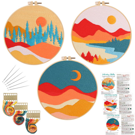 Louise Maelys 3 Set Landscape Embroidery Kits for Beginners with Mountain Sun Moon Pattern,Adults Starter Cross Stitch Kit DIY Needlepoint